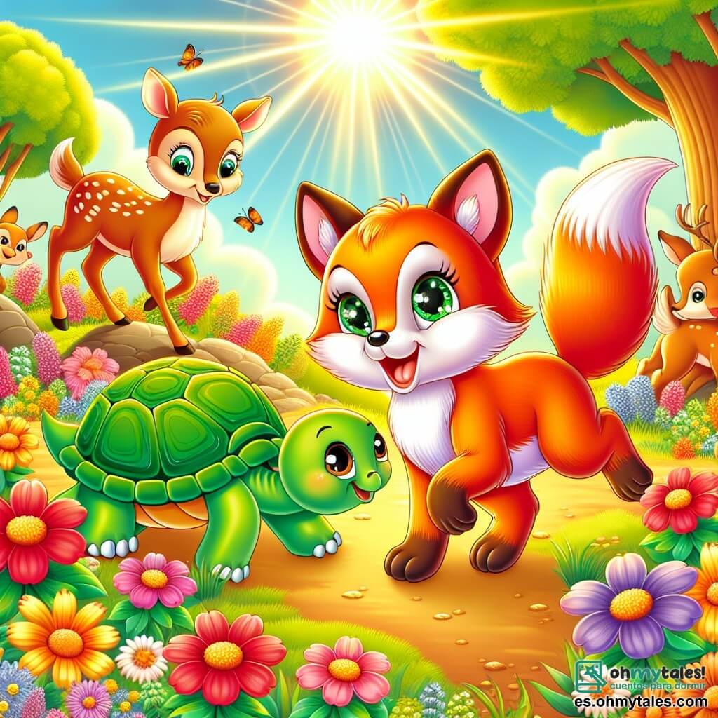 Un pequeño zorro de pelaje naranja brillante, con ojos verdes llenos de curiosidad, se encuentra en el centro de un claro soleado, rodeado de flores coloridas. Expresa gran alegría, saltando con entusiasmo mientras mira a su alrededor. A su derecha, una sabia tortuga con un caparazón verde y ojos dulces sonríe con benevolencia, sentada sobre una piedra, observando a su amigo con orgullo. Al fondo, un grupo de jóvenes ciervos con astas delicadas y ojos brillantes se divierten jugando, añadiendo vida a la escena. El lugar es un hermoso claro de primavera, bañado en luz dorada, donde florecen flores silvestres de todos los colores y los majestuosos árboles se alzan, con sus hojas vibrando en la suave brisa. La situación principal muestra al zorro y sus amigos celebrando la belleza de la naturaleza, riendo y bailando juntos, simbolizando la llegada alegre de la temporada primaveral.