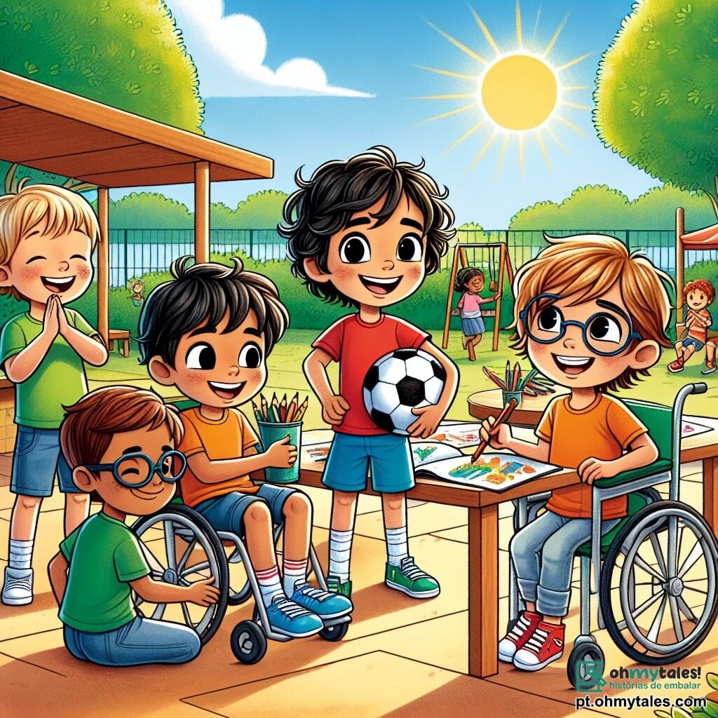 Em um canto ensolarado do recreio da Escola Primária das Estrelinhas, quatro crianças se reúnem em torno de uma grande mesa de madeira. Miguel, um menino de seis anos com cabelos castanhos e cacheados, usa uma camiseta vermelha e um short azul, sorrindo enquanto segura uma bola de futebol. Lucas, outro menino de seis anos com cabelos loiros e óculos, está sentado em uma cadeira, desenhando com lápis de cor, vestindo uma camiseta verde e jeans. Tiago, um menino de seis anos com cabelos pretos e lisos, está em sua cadeira de rodas, vestido com uma camiseta laranja, aplaudindo alegremente para incentivar os amigos. João, um menino de seis anos com cabelos castanhos e olhos curiosos, está em pé ao lado de Miguel, segurando um livro ilustrado, pronto para compartilhar uma história. O local é um recreio iluminado, com árvores verdes e flores coloridas ao redor, e o chão coberto de grama bem cuidada, enquanto risadas de crianças ecoam no ar. A cena principal mostra os quatro amigos colaborando, com sorrisos radiantes, discutindo e trocando ideias para seu projeto escolar, ilustrando a magia da amizade e da criatividade.
