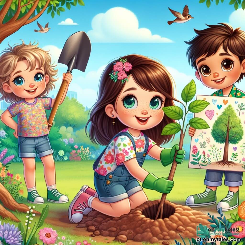 Uma menina de 6 anos, chamada Lia, com longos cabelos castanhos e olhos curiosos, está no centro da imagem, sorridente e cheia de energia, plantando uma muda de árvore na terra. Ela usa uma camiseta colorida com estampas de flores e um short jeans, e está com luvas de jardinagem verdes. Ao lado dela, seu amigo João, um menino de 7 anos com cabelos loiros bagunçados e óculos, segura uma pá e a ajuda a cavar um buraco, parecendo concentrado e entusiasmado. Um pouco mais longe, Sofia, uma menina de 6 anos com cabelos cacheados e pele clara, exibe um grande painel colorido com desenhos de árvores e palavras encorajadoras, sorrindo orgulhosamente para seus amigos. O local é um parque verdejante, repleto de árvores majestosas, flores vibrantes e um céu azul claro com algumas nuvens brancas. A cena principal mostra Lia e seus amigos em ação, plantando árvores e conscientizando os transeuntes sobre a importância de proteger o meio ambiente, com uma atmosfera alegre e colaborativa, ilustrando a esperança e o compromisso das crianças por um futuro melhor.