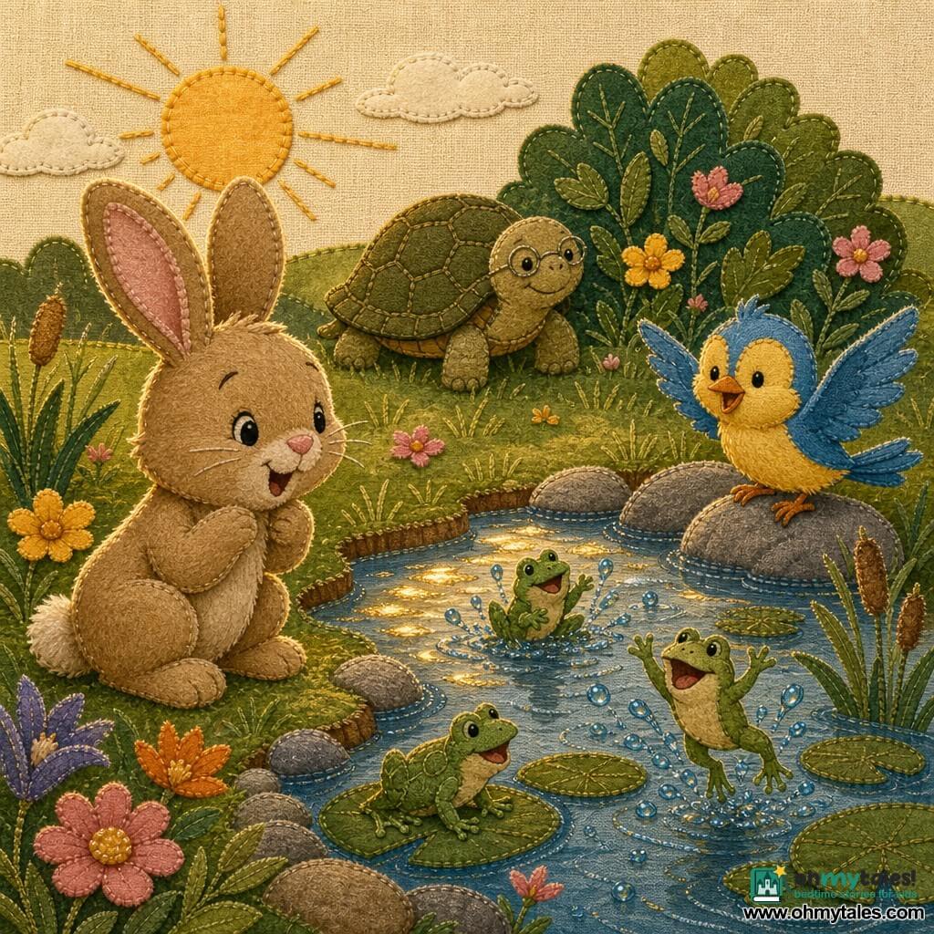 A small light-brown plush rabbit with big soft ears and a twitching nose sits on its haunches, smiling and watching the sparkling pond; a cheerful yellow-and-blue tit named Twinkle perches on a rock to the rabbit’s right looking at the frogs; an old turtle named Toby with an olive textured shell stands near a bush in the background watching the friends; the pond at the meadow’s edge has golden reflections, round green lily pads, smooth stones, trimmed grass and colorful flowers; little green frogs splash with droplets like sewn beads; afternoon warm low sunlight casts long shadows, creating a joyful, peaceful scene with visible sewn fabric textures, cut edges and seams.