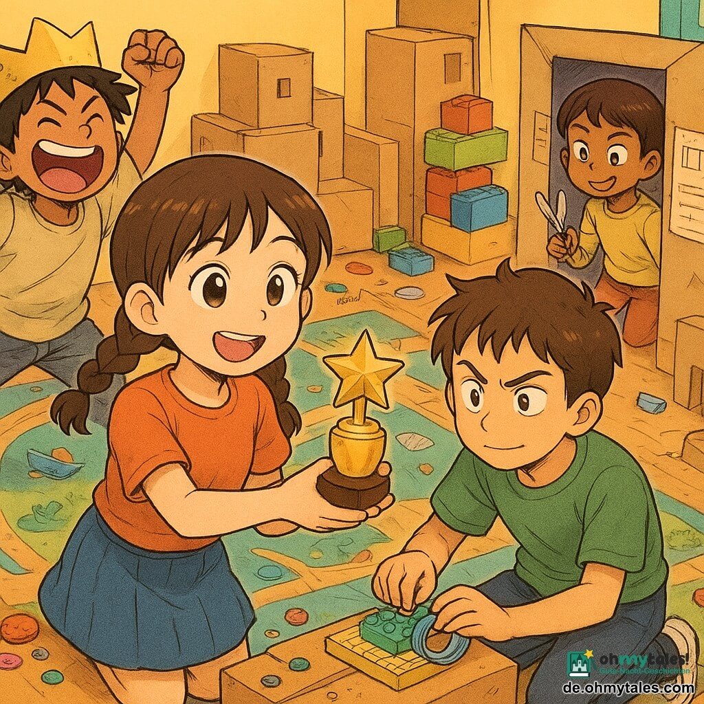 Ein farbenfrohes Kinderatelier: ein 12-jähriges Mädchen, freundlich und begeistert, rundes Gesicht, braune Zöpfe, große funkelnde Augen, lächelt sanft und streckt die Hand nach einem kleinen goldenen Pokal aus; links Jonas (ca. 12), schelmisch und laut, strubbeliges Haar, Papierkrone, hüpft und zieht eine komische Grimasse; rechts Leyla (ca. 12), verschmitzt und konzentriert, kurze Frisur, hochgezogene Augenbraue, kniet vor erklärenden Papierplakaten; Ben (ca. 12), ruhig und handwerklich, kurze Haare, hält Klebeband und repariert einen Lego-Sockel unter dem Pokal; Leni (ca. 6), stolz und frech, übergroße Sonnenbrille und Büroklammerkette, steht hinter einer Papp-Tür mit der Aufschrift „Musée“ und hält eine verzierte Schere; Standort: ein Zimmer-Atelier mit großem Spielteppich mit Straßen und Fluss, Pappkartons als Gebäude, gestapelten Legosteinen, verstreuten Knöpfen, Papieren und Klebeband; Hauptereignis: Eröffnungsmoment beim Zerschneiden des Bandes, witziges kleines Chaos beginnt — rollende Knöpfe, ein Plastikboot rutscht, alle lachen, warme spielerische Atmosphäre; visueller Stil: leuchtende Farben, sanfte Manga-ähnliche Linien für Kinder, übertriebene Mimik und dynamische Gesten, sichtbare Stoff- und Papptexturen, warmes Licht.