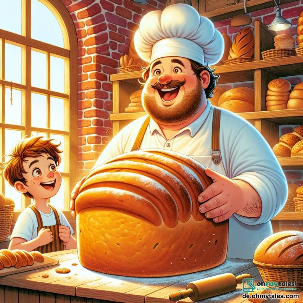 In einer charmanten Bäckerei steht ein lächelnder Mann, Herr Krümel, im Mittelpunkt des Bildes. Er hat ein großes, sanftes Lächeln, einen dicken Bauch, ein dickes Mehlkleid auf seinem weißen Hemd und einen Papierbäckerhut. Er nimmt ein riesiges, goldbraunes Brot aus dem Ofen, seine Augen funkeln vor Stolz und Freude. Neben ihm steht ein neunjähriger Junge, Max, mit zerzausten braunen Haaren und einer kleinen Bäckerhaube, der das Brot staunend betrachtet. Er hat Mehlflecken im Gesicht und an den Händen und hält ein Nudelholz, bereit zu helfen. Ein weiterer Junge, Leo, ebenfalls neun Jahre alt, steht etwas im Hintergrund mit einem großen Brocken Brot in der Hand, seine Augen leuchten vor Aufregung. Er hat ein großes Brotkrümel auf seinem Hemd, was zeigt, dass er bereits die Köstlichkeiten der Bäckerei probiert hat. Die Bäckerei ist ein warmer und einladender Ort mit roten Backsteinwänden, Regalen voller bunter Brote und Gebäck und einem großen Fenster, das Sonnenlicht hereinlässt. Aromen von frischem Brot und süßem Gebäck schweben in der Luft und schaffen eine magische Atmosphäre. Die Hauptszene zeigt Herr Krümel, Max und Leo, die um den Ofen versammelt sind, den Moment feiern, in dem das Brot aus dem Ofen kommt, umgeben von Lachen und Freude, was die Liebe zu Brot und Freundschaft in einer bezaubernden Umgebung veranschaulicht.
