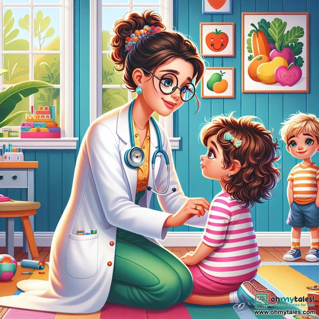 In a colorful and welcoming clinic, a smiling doctor, Dr. Lily, a woman in her thirties with curly brown hair and round glasses, is examining a little girl. She wears a bright white coat and a stethoscope around her neck, displaying an expression of kindness and determination. Next to her, Tommy, a 6-year-old boy with messy blonde hair and a striped t-shirt, holds a storybook and smiles proudly, ready to help. He stands right beside Dr. Lily, attentively observing the situation. The clinic is decorated with brightly colored walls, posters of fruits and vegetables, toys scattered on the floor, and a large window letting in sunlight, creating a warm and cheerful atmosphere. The main scene shows Dr. Lily caring for Mia, a 5-year-old girl with brown hair and sparkling eyes, sitting on the floor with a colorful bandage on her arm. Mia, though slightly tearful, smiles thanks to Tommy's joke, while Dr. Lily speaks to her tenderly, creating a moment of comfort and camaraderie.