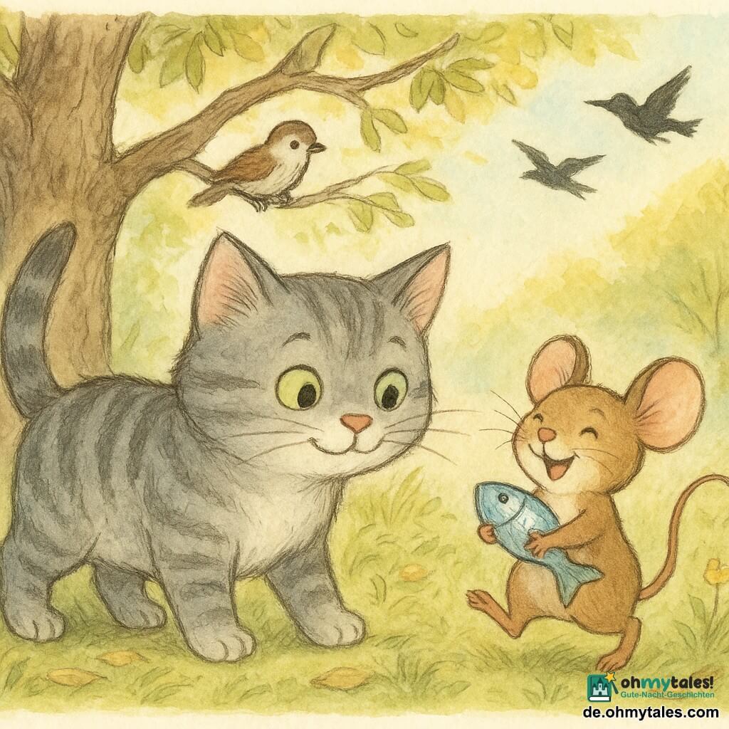 Eine große gestreifte graue Katze mit runden grünen Augen, stolz und beschützend mit erhobenem Schwanz, schnüffelt an einer glänzenden Fischfigur im Gras; daneben eine kleine braune Maus mit rosa Ohren, glücklich und hüpfend, hält den funkelnden Fisch an die Brust; ein brauner-weißer Spatz sitzt auf einem Zweig darüber und schaut schelmisch, aber beruhigt zu; zwei schwarze Raben fliegen in der Ferne davon; alles spielt sich bei einem alten rauen Baum in grünem Gras mit gelben Blumen, fallenden Blättern und Sonnenstrahlen ab und vermittelt Freude und Erleichterung über den wiedergefundenen Fisch.