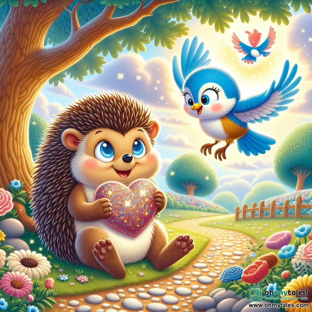 Henry, a small hedgehog with brown quills and sparkling eyes, sits under a large oak tree, holding a shimmering paper heart in his tiny paws, with a big smile on his face. Beside him, Bella, a cheerful little blue tit with bright feathers and a curious gaze, flutters around him, singing with joy while admiring the beautiful gift. The setting is a charming park in Wobbleton, where trees are adorned with colorful flowers and paths are paved with pastel stones, while the sky is a bright blue dotted with fluffy clouds. The scene captures the magical moment when Henry reveals the heart he made for Bella, symbolizing their friendship and the joy of Valentine's Day, surrounded by a warm and festive atmosphere.