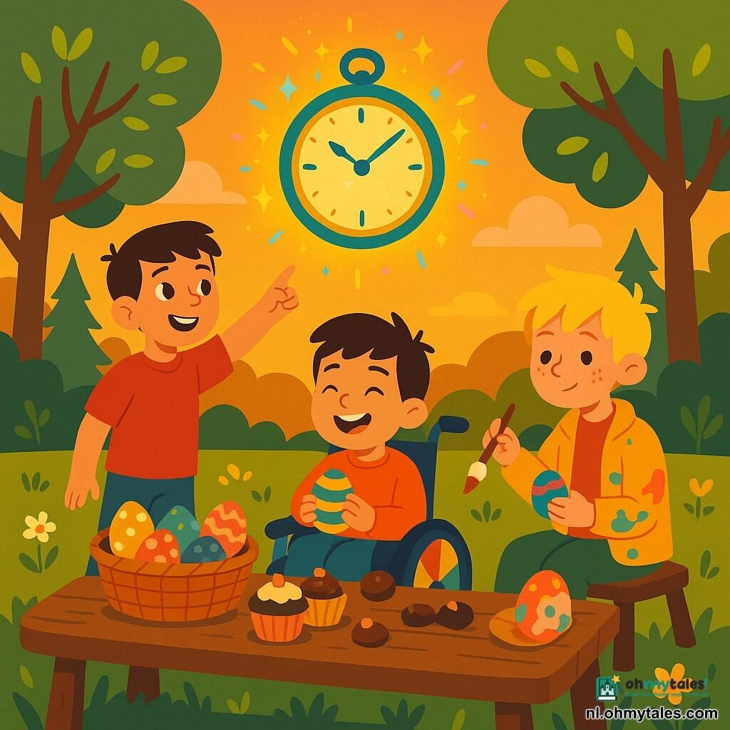 Er zijn drie jongens: Sam, ongeveer 9 jaar, korte bruine haren en een guitige glimlach, staat links van de tafel en wijst naar een grote zwevende klok in de lucht; Max, ongeveer 8 jaar, warrig blond haar en een verfvlekkenjas, zit rechts en schildert een ei met een klein penseel; Finn, ongeveer 9 jaar, zwart haar en een kleurrijke rolstoel, zit midden voor de tafel en lacht terwijl hij een blauw‑geel gestreept ei vasthoudt. Locatie: een open plek in het bos bij zonsondergang met groen gras en wilde bloemen, verlichte boombladeren en een oranjerode lucht met paarse wolken; een grote rustieke houten tafel in het midden bedekt met cupcakes, chocolade en mandjes met beschilderde eieren. Hoofdtafel: een betoverende glinsterende klok zweeft boven de tafel en vonkt in regenboogkleuren; de drie jongens vieren Pasen, versieren kleurrijke eieren en lachen samen — warme sfeer, verzadigde kleuren, eenvoudige vormen en scherpe contouren.