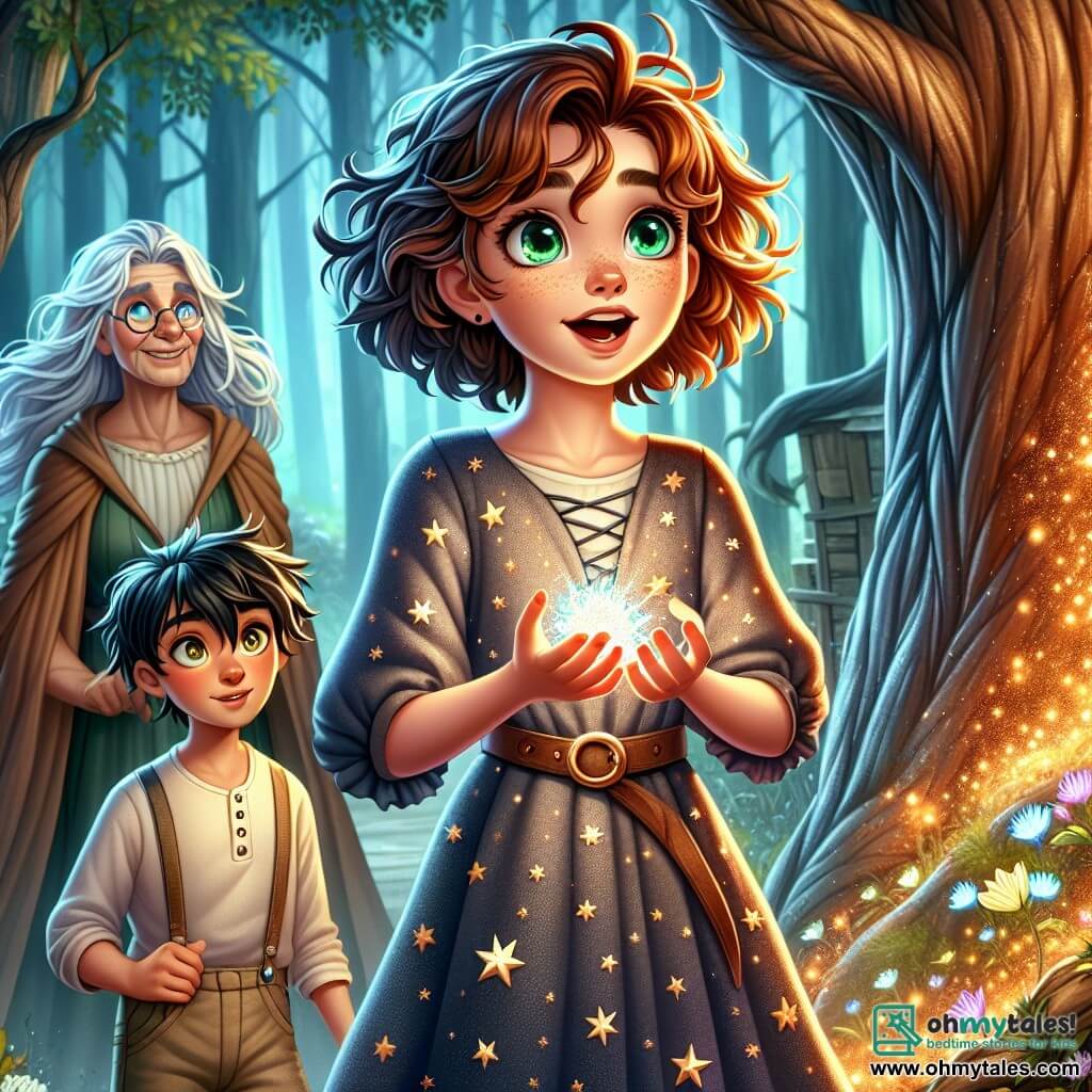 In the center of the image, Lila, an 11-year-old apprentice witch, stands with a look of wonder on her face. She has curly brown hair, sparkling green eyes, and wears a star-patterned witch's robe, holding a shining crystal in her hands. To her right, Rowan, a 12-year-old boy with messy black hair and a mischievous smile, watches Lila with admiration. He is dressed in a simple shirt and canvas pants, seemingly ready to encourage her on her adventure. In the background, the witch Elowen, an elderly woman with a wise face, silver hair, and a flowing long robe, stands slightly back with crossed arms and a benevolent smile, watching the scene with pride. The setting is a magical clearing in the heart of the Whispering Forest, where majestic trees with twisted trunks rise around them, their leaves sparkling in the golden sunlight. Luminescent flowers cover the ground, and a gentle mist floats in the air, creating an enchanted atmosphere. The main scene shows Lila, Rowan, and Elowen gathered in this clearing, just after Lila discovered the magical crystal, illuminating the scene with a bright light, symbolizing the beginning of their magical adventure together.