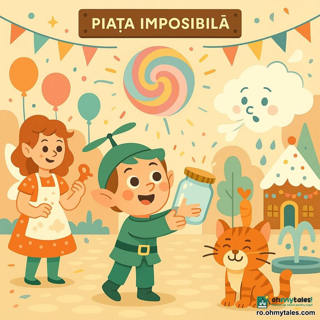 Elfe Lojic, băiat vesel și uimit, cu obraji rumeni și bonetă verde în formă de elice, întinde un borcan cu capac auriu spre o spirală luminoasă pastelată („Miresma Curcubeului Învârtit”) care plutește deasupra; lângă el, zâna cofetar zâmbitoare, cu rochie cu buline și sort pătate de făină, ține o prăjitură în formă de cheie; o pisică vorbitoare jucăușă, cu blană portocaliu-albă, e legată timid de un balon-morcov; un nor pufos, blând, suflă ușor spirala spre borcan; scena are loc în Piața Imposibilă, pavata și strălucitoare, cu fântână care șoptește, casă de zahăr cu acoperiș de frișcă, ghirlande, bannere și baloane, iar confetti, scântei și picături de ploaie-râs învăluie momentul.