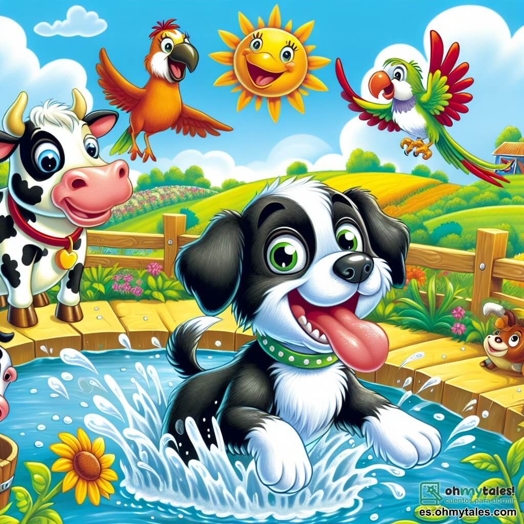 Un perro aventurero llamado Max, con un pelaje blanco y negro brillante bajo el sol, salta alegremente en un gran estanque, salpicando agua a su alrededor. Sus ojos son grandes y brillan de felicidad. A su lado, una vaca risueña llamada Lola, con pelaje marrón y manchas blancas, se encuentra en la orilla, riendo y aplaudiendo, mientras un loro colorido llamado Paco, con plumas verdes y rojas, vuela sobre ellos gritando de alegría. El escenario es una hermosa granja soleada, rodeada de campos verdes, flores coloridas y un cielo azul brillante. La escena muestra a Max divirtiéndose en el agua, mientras sus amigos lo animan y ríen juntos, creando una atmósfera de felicidad y amistad.