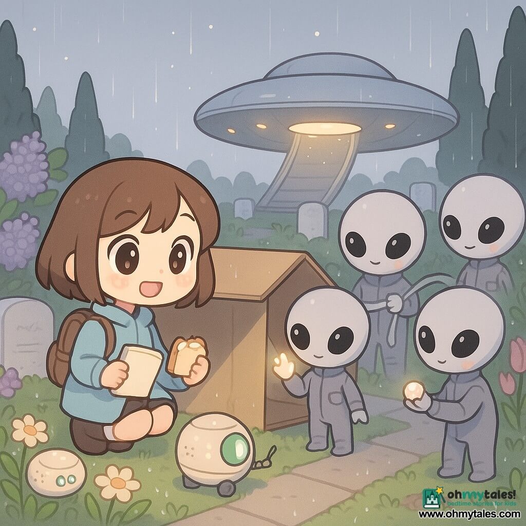 A joyful, curious 10-year-old girl with a brown bob, big bright eyes, blue coat and small backpack crouches by a cardboard shelter holding an open notebook and a half-eaten sandwich while a lunchbox-sized cream metal scout robot with glowing holes rolls among daisies blinking green and gold and points a small glass hand toward her; three small humanoid aliens the girl’s size with pearl-gray skin, gray pocketed suits, large black eyes and glowing cheeks—one greeting with luminous fingers, one unfurling a translucent ribbon to secure the shelter, and one offering a glowing bead—meet her in a peaceful nighttime flowered cemetery of low paved paths, white headstones, lilacs, tulips and wet daisies under dark cypresses and fine rain, as an oval silver ship floats low behind the cypresses with an open ramp and soft light.
