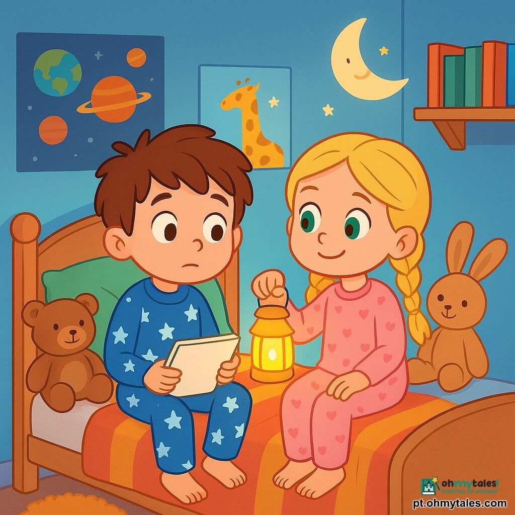 Há 2 personagens principais: Tomás: um menino de 4 anos, com cabelo castanho bagunçado e olhos brilhantes. Ele veste um pijama azul com estrelas brancas. Está sentado em sua cama, segurando um caderno nas mãos, com um olhar curioso e um pouco preocupado. Inês: uma menina de 4 anos, com cabelo loiro trançado e olhos verdes brilhantes. Ela usa um pijama rosa com pequenos corações. Está sentada ao lado de Tomás na cama, sorridente e confiante, segurando uma pequena lanterna amarela. O cenário é um quarto infantil acolhedor, com paredes pintadas de azul claro e pôsteres de planetas e animais. Há uma cama de madeira com lençóis coloridos, uma estante cheia de livros e um tapete macio no chão. Uma suave luz noturna em forma de lua ilumina o ambiente, criando uma atmosfera calma e reconfortante. A situação principal mostra Tomás e Inês sentados na cama, cercados por bichos de pelúcia. Tomás, um pouco preocupado, olha para seu caderno, enquanto Inês lhe mostra sua lanterna, iluminando suavemente seus rostos. Eles compartilham um momento de cumplicidade, prontos para desenhar e superar o medo do escuro juntos.