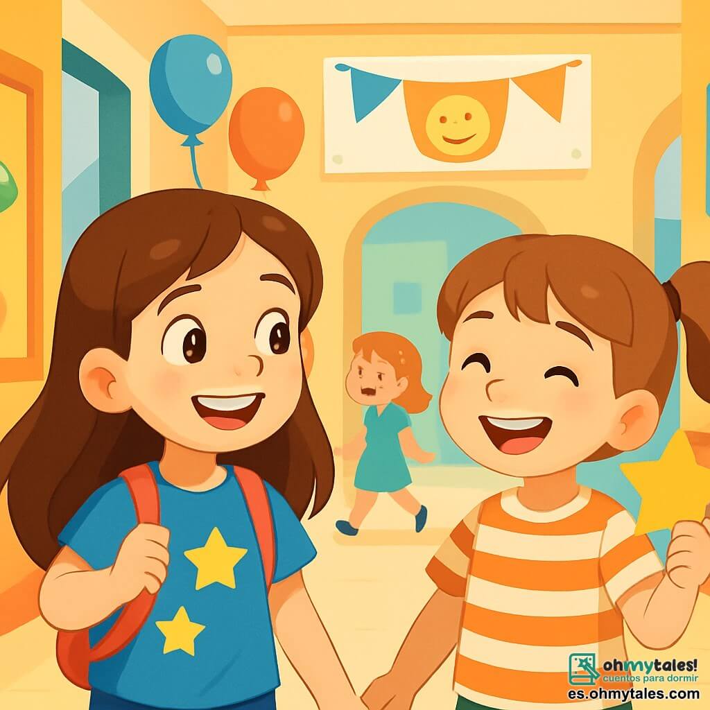 Una niña de 8 años, Sara, con largos cabellos castaños y ojos brillantes, lleva una camiseta azul con estrellas amarillas y una mochila pequeña. Tiene una sonrisa radiante, mostrando su emoción y curiosidad mientras explora su nueva escuela. Junto a ella, otra niña, Lucía, también de 8 años, con coletas y una camisa a rayas, sostiene una estrella de papel en su mano, sonriendo alegremente. El escenario se desarrolla en el vestíbulo de una gran escuela con paredes coloridas, decoradas con dibujos de animales y paneles de bienvenida. Globos flotan en el techo, añadiendo un toque festivo a la atmósfera. La situación principal muestra a Sara y Lucía descubriendo juntas su nueva escuela, rodeadas de otros niños que ríen y juegan, creando un ambiente cálido y amigable.