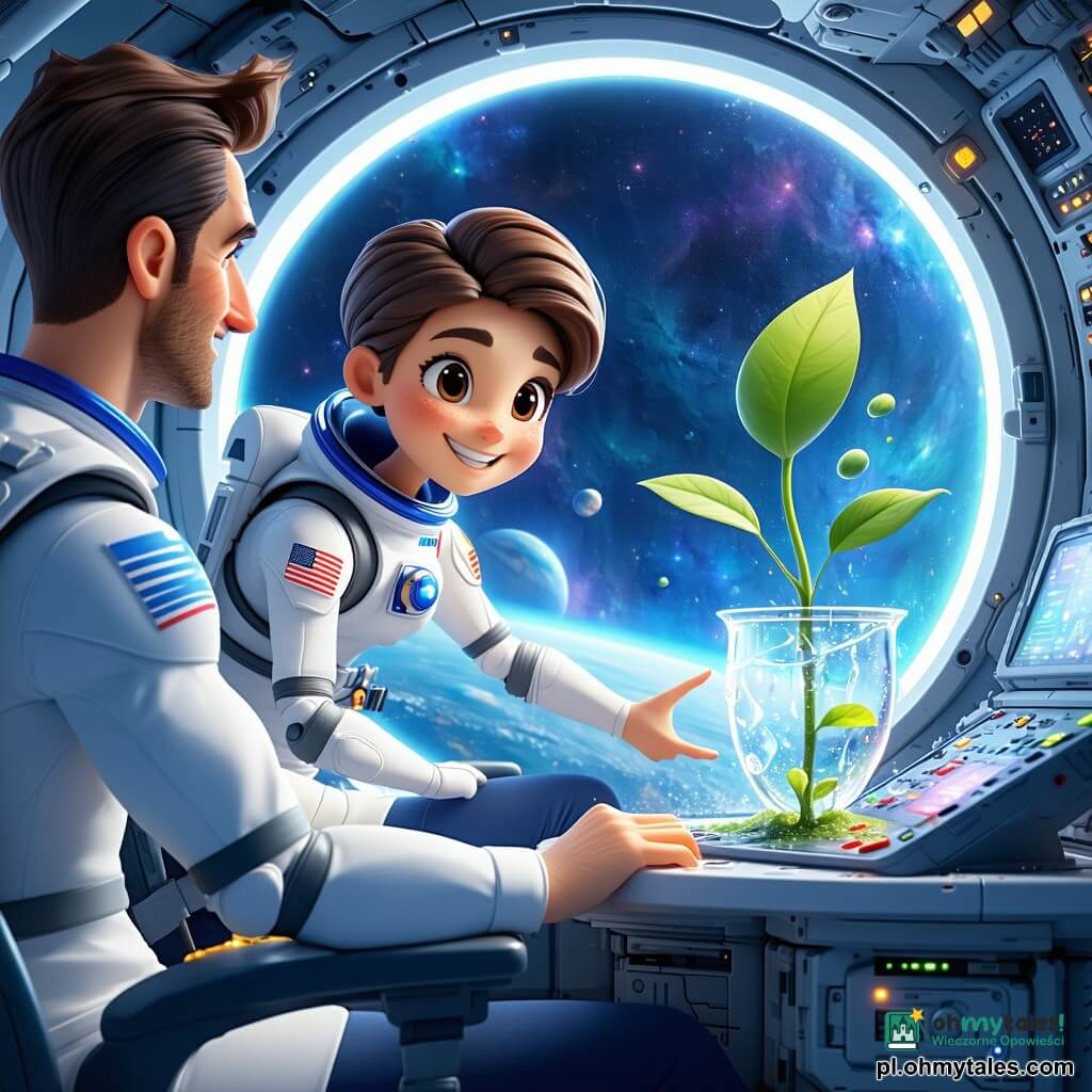 Uśmiechnięta kobieta-astronautka o krótkich brązowych włosach w białym skafandrze z niebieskimi pasami unosi się przy okrągłym oknie, sięga po świecący tablet; po lewej siedzi około 45-letni mężczyzna z delikatnymi wąsami przy konsoli, sprawdzający czerwone i zielone przyciski; między nimi unosi się przezroczysta doniczka z małą zieloną roślinką o dwóch okrągłych liściach i kroplą wody; wnętrze stacji kosmicznej — jasnoszare panele, żółte rury, liny i siatki, w oknie widoczna Ziemia; scena spokojna, pastelowa, proste zaokrąglone kształty dla maluchów.