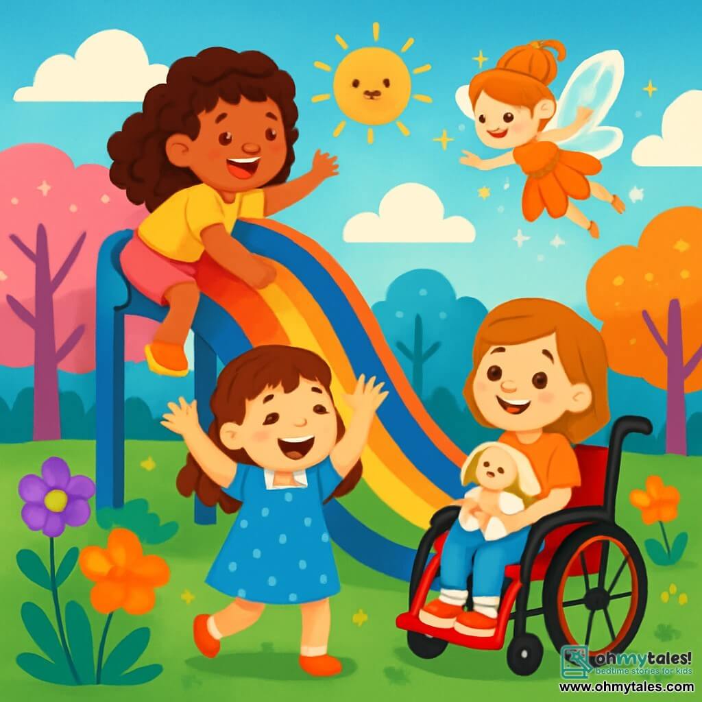 There are 4 characters: - Lily: a 7-year-old girl with curly hair and a bright smile, climbing a large colorful slide, wearing a yellow t-shirt and pink shorts. - Mia: a 6-year-old girl in a blue polka dot dress, at the bottom of the slide, laughing with her arms raised in encouragement. - Sophie: an 8-year-old girl in a red wheelchair, smiling with sparkling eyes, holding a stuffed animal, next to Mia. - Twinkle: a small fairy with sparkling wings and a dress made of flower petals, flying above the girls, illuminating the scene with her magic dust. The setting is a magical park with trees covered in brightly colored leaves, ranging from pink to blue. Vibrant flowers in shades of purple and orange dot the green ground. In the distance, there is a sunny sky with fluffy clouds, and a large spiral slide, shining like a rainbow, attracting children. The main scene shows the four characters joyfully dancing together, joined by a smiling goblin, all surrounded by colorful blooming flowers symbolizing joy and renewed friendship.