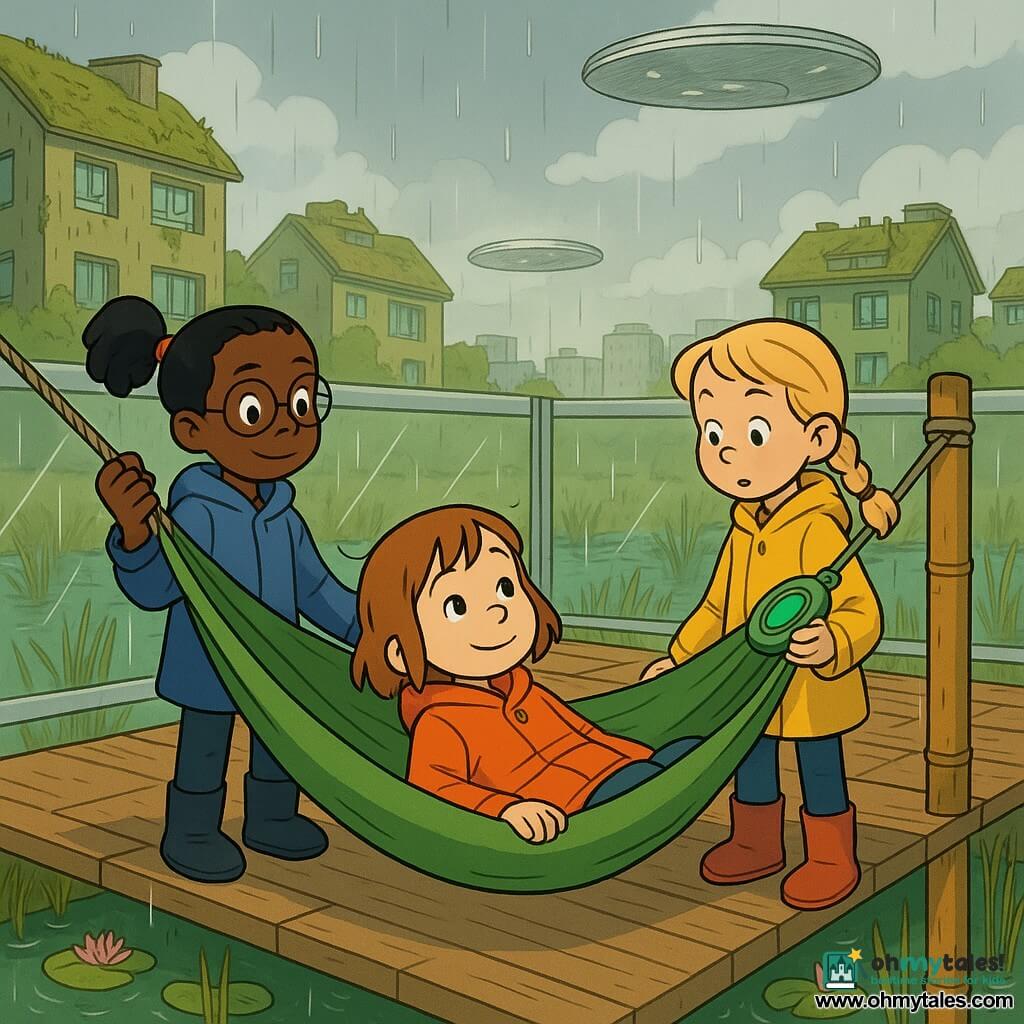 Three girls (~6): Aria, short light-brown hair, curious eyes, orange raincoat, lying in a green hammock center looking at the sky with a small smile; Bina, black ponytail, round glasses, blue raincoat, sitting at the left edge holding a rope, proud and cautious; Cleo, braided blonde, fair skin, yellow raincoat, standing right of the hammock holding a blinking green oval scanner, focused on the marsh. They are on a raised recycled-wood platform above a filtering marsh with transparent railing, bamboo-composite posts, clear green water channels, lily pads and reeds; it's just after rain, humid but comforting, soft light breaking through clouds, silver reflections on the water, and the girls test the urban hammock together.