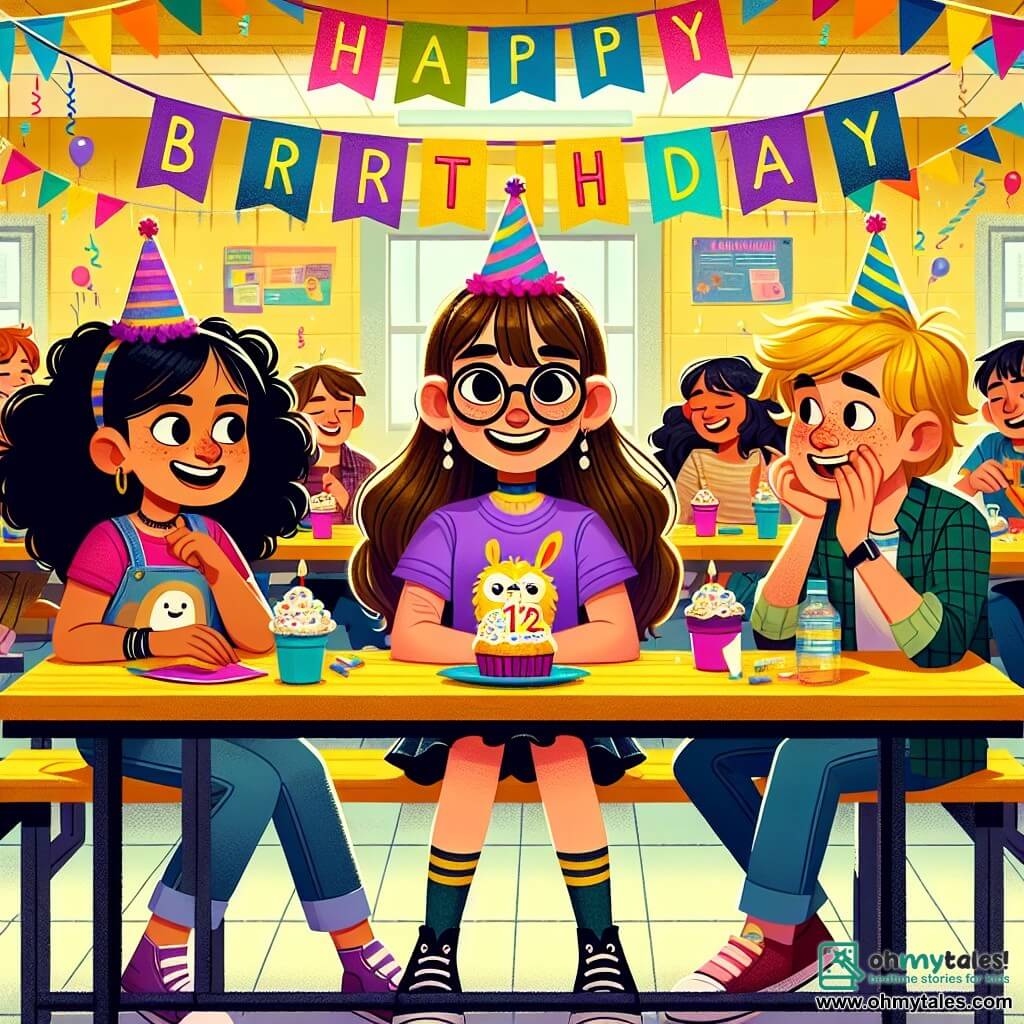 A 12-year-old girl, Maya, with long brown hair and round glasses, smiles joyfully, her eyes sparkling with excitement. She wears a purple t-shirt with a llama design and a denim skirt. She is sitting at a cafeteria table, surrounded by her friends. To her right, Priya, a 12-year-old girl with curly black hair, laughs while holding a colorful birthday card. To her left, Ben, a 12-year-old boy with freckles and a mischievous smile, holds a cupcake topped with a candle. The scene takes place in a lively school cafeteria with wooden tables, bright yellow walls, and festive decorations hanging from the ceiling. Colorful balloons float in the air, and students are laughing and chatting around them. The main situation shows Maya, surrounded by her friends, celebrating her birthday with laughter, surprises, and a big cake, while a festive and joyful atmosphere fills the air.