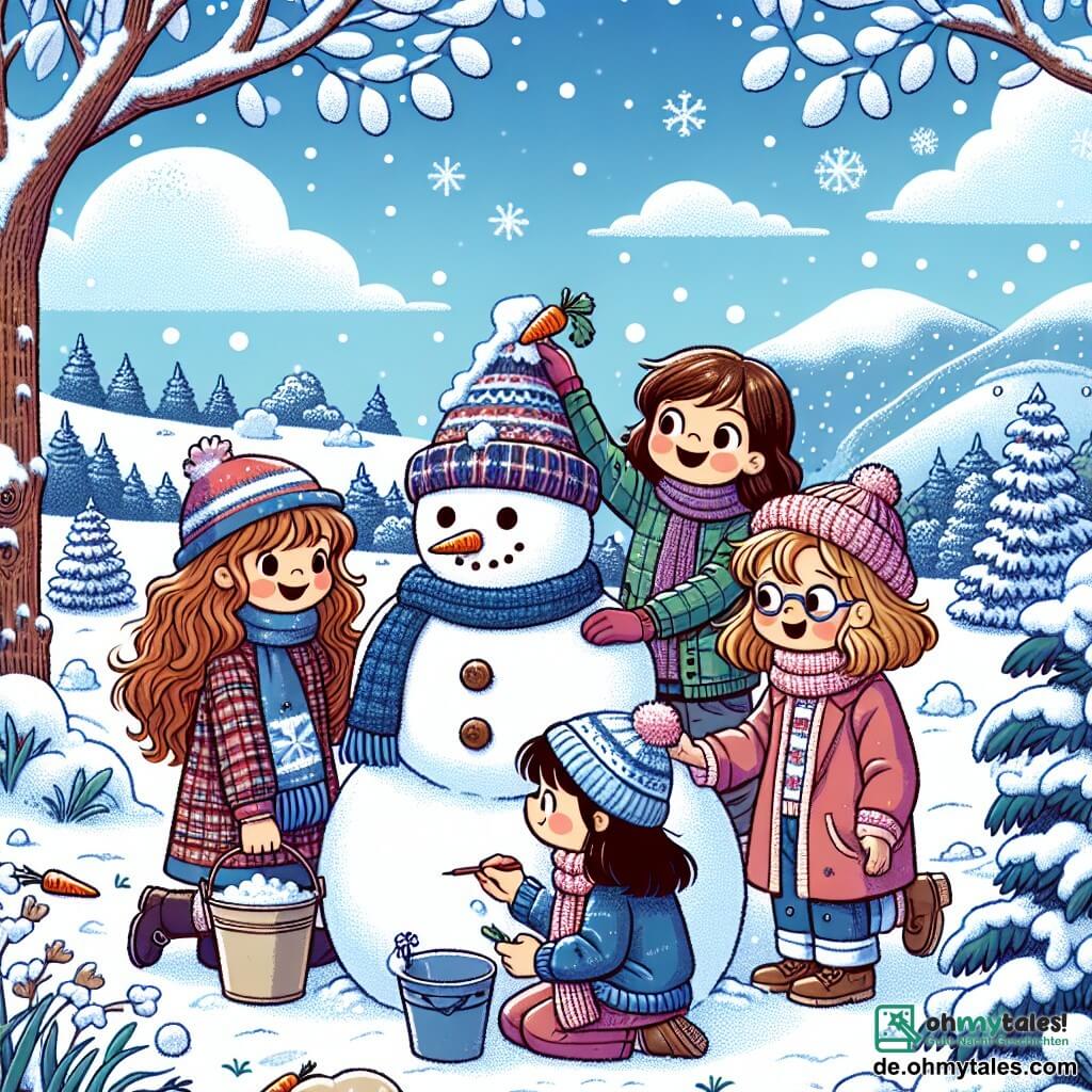 In einem verschneiten Garten sind vier neunjährige Mädchen fröhlich mit einem großen Schneemann beschäftigt. Mia mit langen braunen Haaren und einem roten Schal lächelt, während sie eine Karotte als Nase für Frosty platziert. Neben ihr steht Lina mit lockigem, blonden Haar, die eine blaue Mütze trägt und einen Eimer für den Hut des Schneemanns hält. Emma mit kastanienbraunen Haaren und Brille hockt vor Frosty und zeichnet Kohleaugen auf sein lächelndes Gesicht. Schließlich steht Sophie mit schwarzen Haaren und einer rosa Jacke etwas im Hintergrund und hält eine Kamera, um diesen magischen Moment festzuhalten. Der Garten ist mit einer dicken Schicht glitzernden Schnees bedeckt, und im Hintergrund sind schneebedeckte Hügel unter einem hellblauen Himmel mit einigen sanft schwebenden, bauschigen Wolken zu sehen. Die vier Freundinnen bauen ihren Schneemann, lachen und haben Spaß dabei, während sie Geschichten über die Wintertraditionen teilen, die sie entdeckt haben.