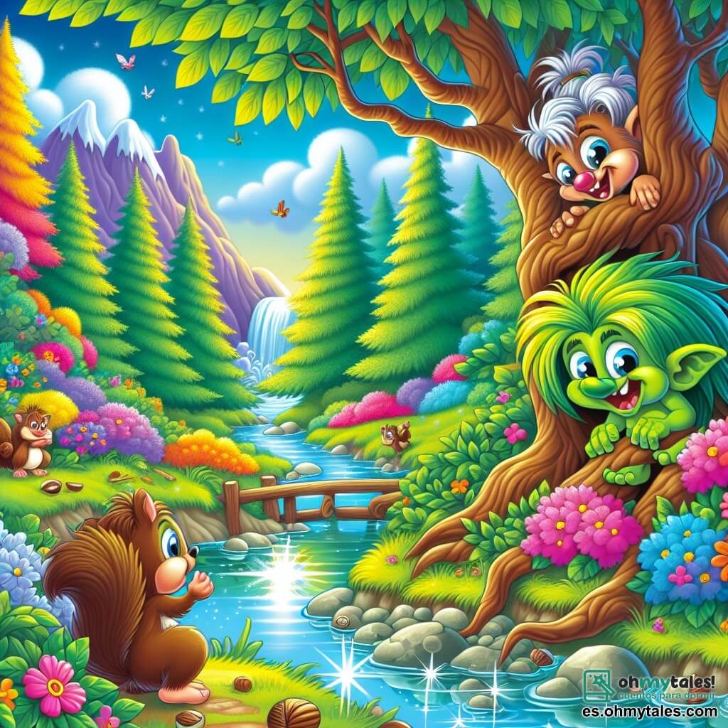 Un troll llamado Trolito, con piel verde brillante y cabello desordenado como un nido de pájaros, ríe a carcajadas escondido detrás de un arbusto. Sus grandes ojos chispeantes de malicia y su amplia sonrisa muestran que está muy feliz de hacer una broma. Cerca, Chispa, una pequeña ardilla de ojos brillantes y pelaje marrón, recoge nueces mientras se ríe de la broma de Trolito. Llena de energía, se mantiene en sus patas traseras, lista para saltar. La escena transcurre en un claro encantado del bosque, rodeado de árboles majestuosos con hojas coloridas y flores multicolores que bailan al viento. Al fondo, un arroyo brilla bajo el sol, reflejando los colores vivos de la naturaleza. En esta situación, Trolito ha preparado una broma haciendo creer a todos que el arroyo se ha convertido en gelatina rosa, y está a punto de saltar para hacer reír aún más a sus amigos.