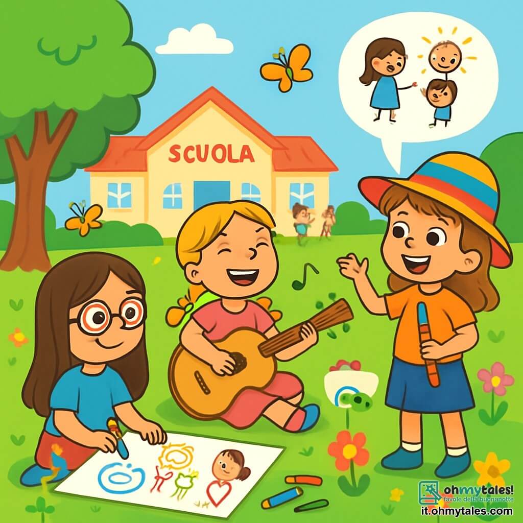 Ci sono 3 personaggi: - Anna: una ragazza di 10 anni con lunghi capelli castani e occhiali rotondi, indossa una maglietta blu e una gonna a fiori, seduta sull'erba con colori per disegnare immagini gioiose. - Beatrice: una ragazza di 9 anni con capelli biondi intrecciati e un sorriso splendente, indossa un vestito rosa e suona la chitarra, seduta accanto ad Anna, cantando una melodia dolce. - Chiara: una ragazza di 10 anni con capelli castani e un cappello colorato, tiene un bastone colorato e racconta una storia con entusiasmo, di fronte alle sue amiche. La scena si svolge in un giardino scolastico soleggiato, pieno di fiori colorati e alberi verdi, con bambini che giocano sullo sfondo e farfalle che volano intorno, creando un'atmosfera gioiosa e accogliente. Le tre amiche sono unite nel condividere i loro talenti per sensibilizzare i compagni sul bullismo: Anna disegna immagini di gentilezza, Beatrice canta una canzone sull'amicizia e Chiara racconta una storia ispiratrice, tutti insieme in un momento di creatività e solidarietà.
