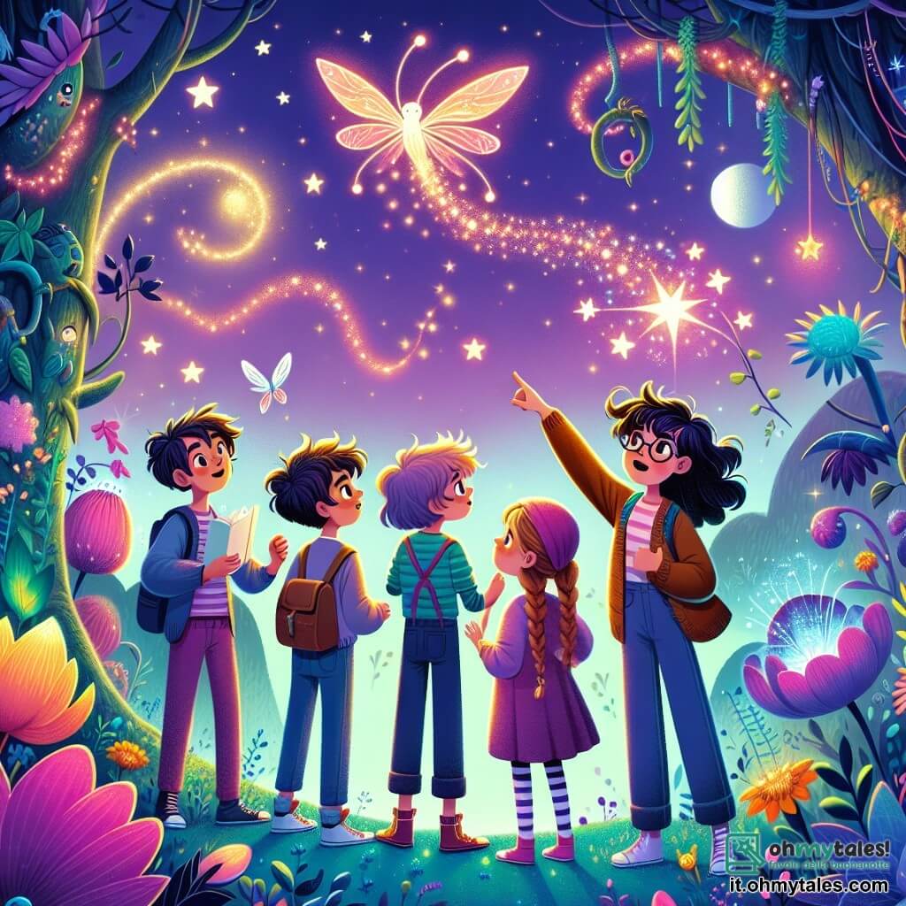 In un giardino magico sul pianeta Auroras, quattro bambini si trovano insieme, meravigliati. **Luca**, un ragazzo di 10 anni con capelli ricci e occhi vivaci, indica una creatura luminosa che vola intorno a loro, il viso radioso di curiosità. **Sara**, una ragazza di 9 anni con trecce e un sorriso coraggioso, è accanto a Luca, con le braccia conserte, osservando attentamente la scena con uno sguardo determinato. **Marco**, un ragazzo sognatore di 10 anni con capelli castani e occhiali rotondi, è leggermente in disparte, con gli occhi spalancati, mentre tiene un piccolo quaderno in cui disegna stelle. **Elena**, una ragazza di 8 anni con capelli lunghi e lisci, si trova davanti al gruppo, con le braccia alzate, come se stesse cercando di afferrare le luci scintillanti che danzano intorno a loro. Il giardino è pieno di piante giganti dai colori vivaci, con fiori che brillano in tonalità di viola, blu e verde. Il cielo è di un rosa tenue, punteggiato di stelle scintillanti e due lune brillanti. Al centro di questa scena magica, i bambini scoprono un piccolo dispositivo metallico a forma di sfera, che emette una luce morbida e pulsante, mentre una voce amichevole risuona, promettendo loro un'avventura interstellare.