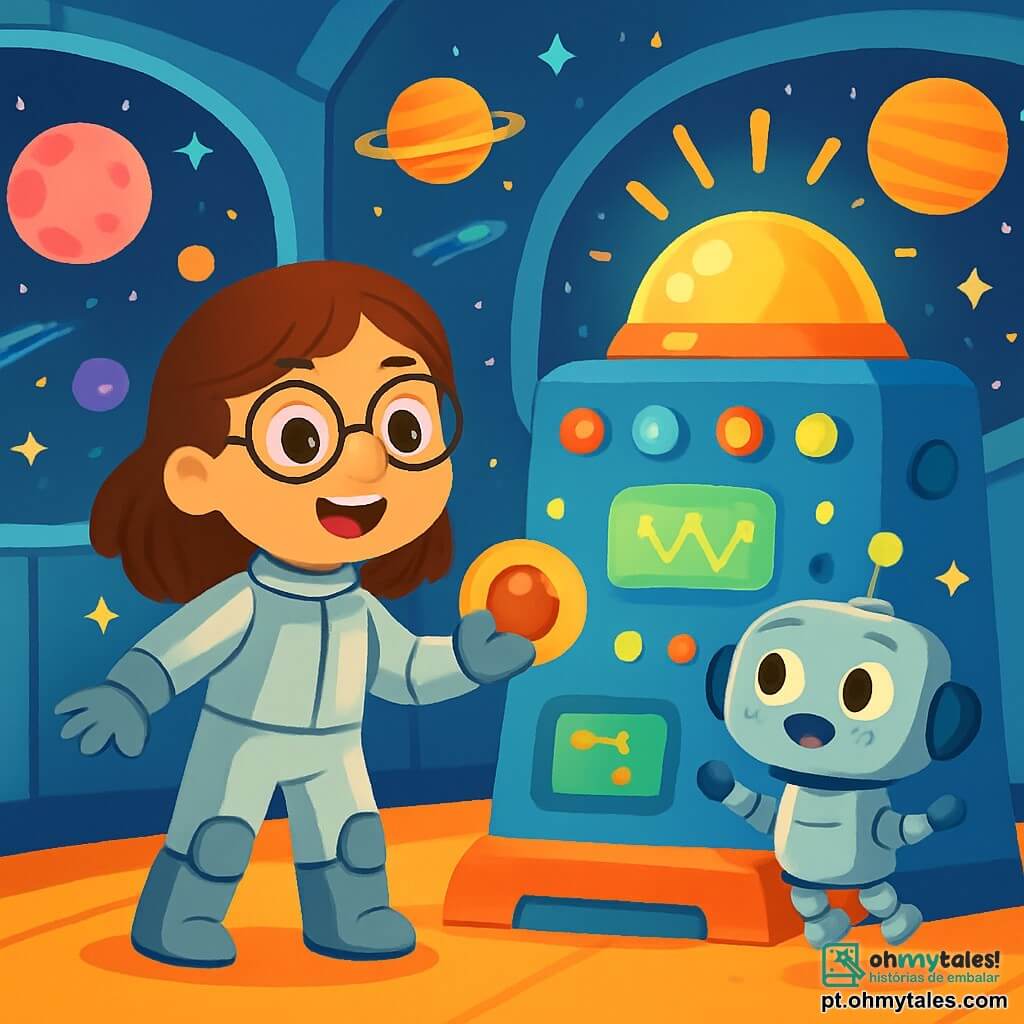 Uma cientista mulher, Ana, com cabelos castanhos e óculos redondos, sorri com admiração enquanto está diante de uma máquina espacial brilhante, cheia de luzes coloridas. Ela usa um traje espacial prateado e segura um botão luminoso na mão. Ao seu lado, um pequeno robô chamado Tico, com corpo metálico prateado e olhos brilhantes, pisca de alegria, flutuando levemente acima do chão. A cena acontece dentro de uma estação espacial futurista, com grandes janelas redondas oferecendo uma vista espetacular de um céu estrelado repleto de planetas coloridos e cometas cintilantes. A máquina espacial, no centro da sala, emite luzes vivas e sons suaves, criando uma atmosfera mágica e emocionante. Ana e Tico estão prestes a iniciar sua aventura espacial, prontos para explorar as maravilhas do universo, com estrelas brilhantes cintilando do lado de fora da janela.