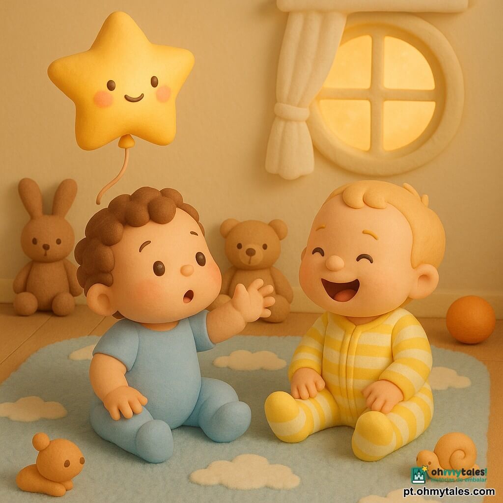Há 3 personagens: dois meninos e um objeto-personagem — Tito, quase 1 ano, cabelo castanho encaracolado, bochechas rosadas, de body azul claro, sentado à esquerda sobre um tapete, estendendo a mão para o balão; Nuno, quase 1 ano, cabelo loiro fino, sorriso largo, de macacão às riscas amarelas e brancas, sentado à direita sobre o tapete, rindo e olhando para Tito; e um balão-estrela dourado com um rostinho luminoso desenhado e uma fitinha rosa-pálida presa, flutuando ligeiramente entre os dois e inclinado para eles. Local: um quarto infantil doce e simples, paredes cor creme, janela redonda com cortina de musselina branca que deixa passar uma luz quente de fim de tarde, tapete espesso com padrão de nuvem azul-pálido e peluches de feltro ao redor. Situação principal: os dois bebés brincam e estendem as mãos para o balão-estrela que flutua suavemente; cena terna e calma, cores quentes, texturas lisas e brilhantes como massa de modelar, expressões doces e curiosas, composição centrada e clara para uma criança de 2 anos.