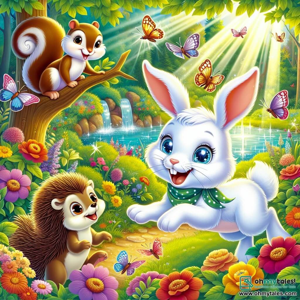 An illustration depicts a young male rabbit with bright white fur and sparkling blue eyes, joyfully hopping in a colorful garden surrounded by vibrant flowers and fluttering butterflies, his expression full of excitement and determination. Nearby, a small female squirrel with brown fur and a bushy tail perches on a branch, her eyes shining with enthusiasm as she watches her friend with a smile. A male hedgehog, with brown spines and a brave demeanor, stands beside a bush, ready for adventure, his gaze determined and proud. The main setting is an enchanting garden filled with multicolored flowers, lush green trees, and a sparkling pond at the center, where frogs joyfully leap. Sunlight filters through the leaves, creating dancing shadows on the ground. The main scene shows the young rabbit and his friends celebrating their recent discovery of a magical treasure, the garden vibrant with life and color, symbolizing friendship and adventure. Other graphic elements include colorful butterflies flying around, birds singing in the trees, and a joyful, bright atmosphere evoking the spirit of adventure and camaraderie.