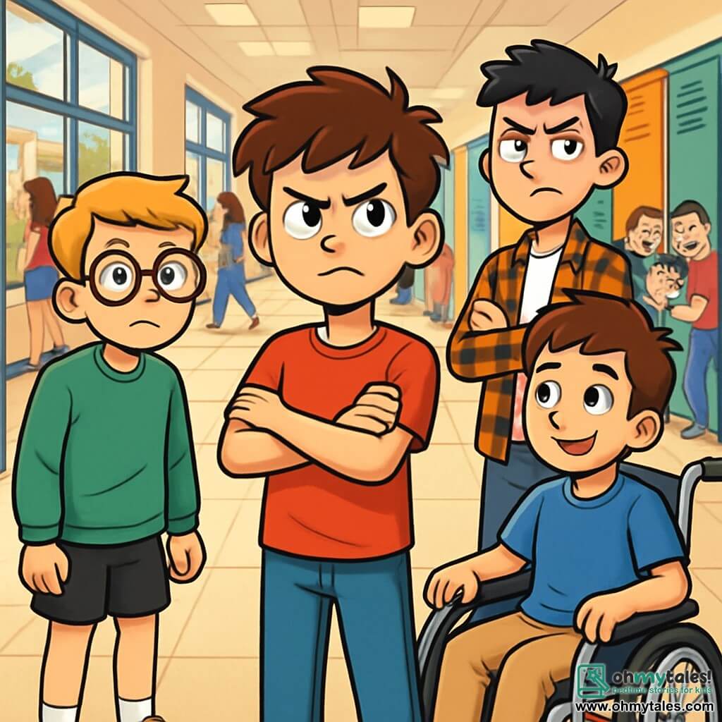 There are 4 children: Ethan, a 12-year-old boy with messy brown hair and sparkling curious eyes, wearing a red t-shirt and blue jeans, stands in the center with crossed arms, showing a determined expression. Lucas, also 12, has round glasses and blonde hair, dressed in a green sweatshirt and black shorts, stands slightly back to the left of Ethan, looking on with concern. Noah, a 12-year-old boy with brown hair and a warm smile, is in a wheelchair, wearing a blue t-shirt and beige pants, positioned to the right of Ethan, ready to support his friend. Max, another 12-year-old with black hair and freckles, is in the back, slightly withdrawn, wearing a plaid shirt and jeans, with a defiant look on his face, prepared to intervene. The scene takes place in a bustling school hallway with colorful lockers and student project posters on the walls. Daylight filters through large windows, illuminating the tiled floor. Students pass by in the background, some laughing and chatting, while a group of bullies looms menacingly at the back. The main situation shows Ethan, determined, facing a group of bullies surrounding a younger student. The bullies, with mocking expressions, seem ready to taunt, while Ethan courageously steps in to defend the other child. The atmosphere is tense, but the friendship and support from the other children are palpable.