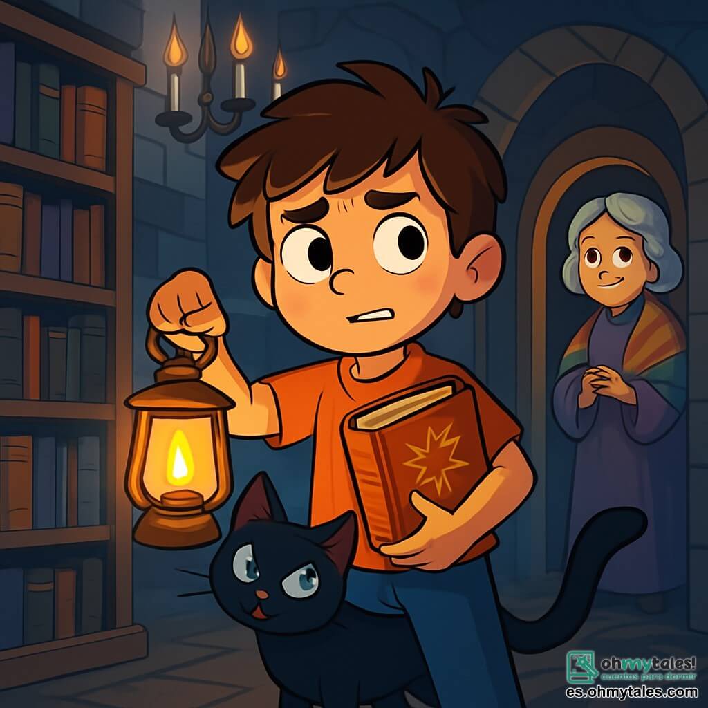 Un niño de 8 años, Tomás, con cabello castaño desordenado, ojos brillantes de curiosidad y una sonrisa traviesa, sostiene una linterna de metal en una mano y un pequeño libro de hechizos en la otra. Se encuentra en el centro de la escena, con un aire inquieto y determinado, listo para explorar lo desconocido. A su lado, un gato negro de ojos azules brillantes, que parece susurrar secretos, se frota contra su pierna, añadiendo un toque de misterio a la atmósfera. Al fondo, una anciana, la abuela de Tomás, con cabello plateado y un chal colorido, observa con una mirada benevolente, de pie cerca de la puerta de la biblioteca. La escena tiene lugar en una biblioteca antigua, con grandes estanterías de madera llenas de libros polvorientos, candelabros de hierro forjado colgando del techo y ventanas de vitrales que dejan pasar destellos de luz colorida. Tomás, intrigado por una vibración mágica en el aire, está a punto de abrir un portal secreto escondido detrás de una estantería, mientras sombras bailan a su alrededor, creando una atmósfera encantadora y misteriosa.