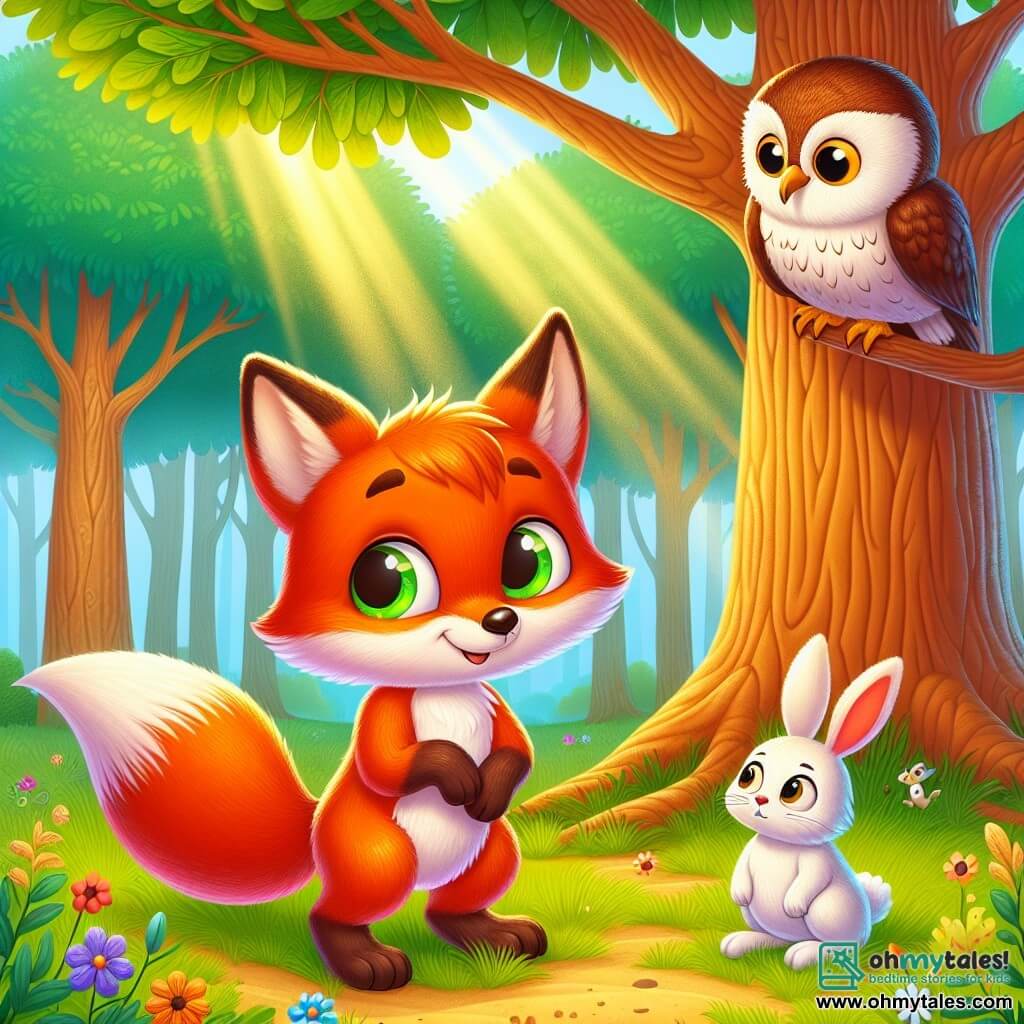 An illustration depicts a small bright orange fox with big sparkling eyes and a mischievous smile. It stands under a large oak tree, slightly awkward but determined to apologize. Nearby, a wise owl with brown and white feathers perches on a branch, looking serious and disappointed, its round eyes fixed on the fox. A small rabbit with big ears, white fur, and bright eyes watches the scene with concern, sitting on the grass beside the oak. The main setting is a sunny forest filled with tall trees with vibrant green leaves, colorful flowers scattered on the ground, and soft rays of light filtering through the branches. The main situation shows the fox apologizing to its friends after lying about a game, realizing the importance of honesty. Additional graphic elements include light playing on the leaves, soft shadows on the ground, and small insects flying around, adding life to this warm and friendly scene.
