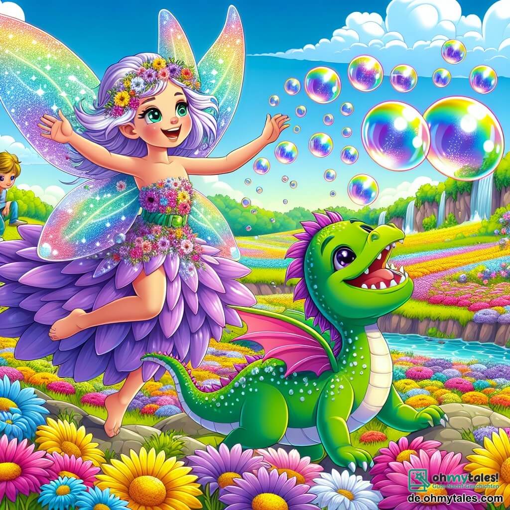Eine Fee namens Lila mit glitzernden Flügeln und schwebenden lila Haaren tanzt fröhlich über ein großes Feld bunter Blumen. Sie trägt ein Kleid aus Blütenblättern und ihr Gesicht strahlt vor Freude, während sie einen kleinen grünen Drachen namens Flappi anführt, der bunte Blasen bläst. Flappi, ein kleiner Drache mit grünen Schuppen und funkelnden Augen, springt vor Freude und die Blasen schweben um ihn herum. Im Hintergrund sitzt ein etwa 8-jähriger Junge mit blonden Haaren und strahlendem Lächeln auf einem moosbedeckten Stein und schaut fasziniert zu. Der Ort ist ein sonniges, wunderschönes Feld voller leuchtender Blumen, mit einem klaren blauen Himmel und einigen fluffigen Wolken. In der Ferne sieht man einen strahlenden Regenbogen, der sich im glitzernden Bach spiegelt. Die Hauptsituation zeigt Lila und Flappi, die ihre Freundschaft feiern, umgeben von bunten Blasen, während der kleine Junge sie mit weit aufgerissenen Augen bewundert, fasziniert von der Magie dieses Moments.