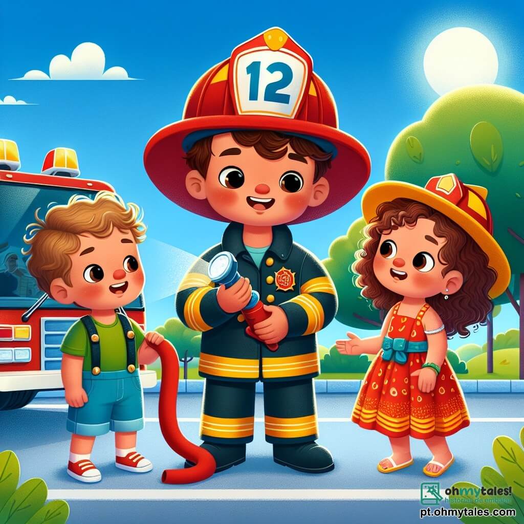 Um bombeiro chamado João está no centro da imagem, com um grande sorriso no rosto. Ele usa um macacão vermelho brilhante, um capacete de bombeiro e segura uma mangueira, pronto para apagar um incêndio. Seus cabelos são castanhos e cacheados, e seus olhos brilham de entusiasmo e determinação. À sua direita, uma menina chamada Ana, de 7 anos, com cabelos cacheados e um vestido colorido, olha para João com admiração, segurando um pequeno brinquedo de bombeiro. À sua esquerda, um menino chamado Miguel, de 8 anos, com cabelos curtos e loiros, se aproxima curioso, pronto para ouvir as histórias de João. A cena acontece em um parque ensolarado, com árvores verdes e um céu azul claro. Ao fundo, há um caminhão de bombeiro vermelho estacionado, com sirenes brilhando ao sol. João explica às crianças como apaga incêndios, enquanto elas o ouvem atentamente, sonhando em se tornar heróis como ele.