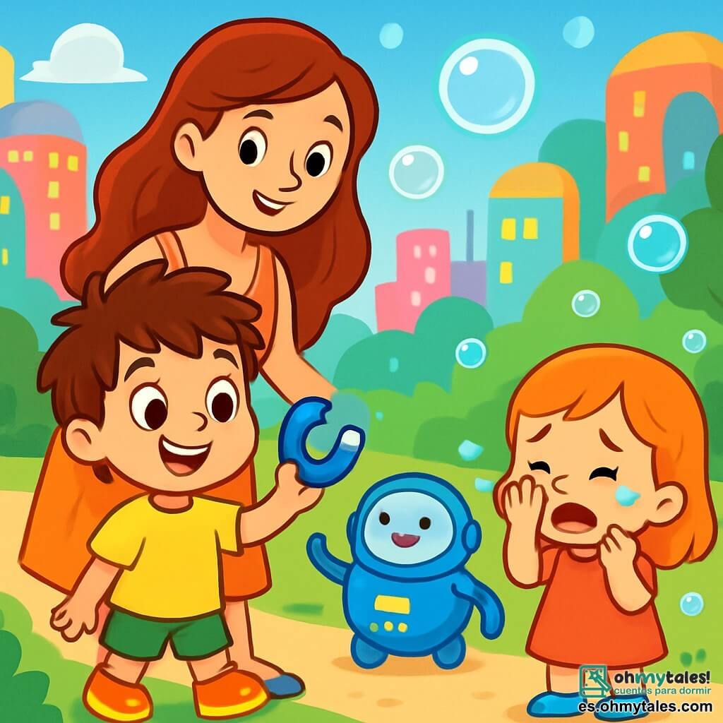 Un niño de 4 años, llamado Nico, con cabello castaño desordenado y grandes ojos llenos de curiosidad, sonríe alegremente sosteniendo un imán azul brillante en su pequeña mano. Lleva una camiseta amarilla brillante y zapatos que parpadean con cada paso. A su lado, su mamá, una mujer sonriente de unos 30 años, con cabello largo y ondulado, lleva un vestido ligero y mira a su hijo con ternura, mientras le pone una mano en el hombro. La escena se desarrolla en un parque futurista de la Gran Ciudad Luminosa, donde edificios de formas redondeadas y coloridas se elevan bajo un cielo azul brillante. Luces centelleantes bailan en las fachadas de los edificios, y burbujas flotan suavemente a su alrededor, creando una atmósfera mágica y alegre. Nico y su mamá se dirigen hacia un pequeño robot redondo, el guarda-burbujas, que crea burbujas para proteger a los niños. El robot, con brazos flexibles y luces parpadeantes, sonríe saludando a los transeúntes. La situación principal muestra a Nico compartiendo su imán azul con una niña que llora, ofreciéndole un momento de consuelo y calidez en este entorno luminoso y acogedor.