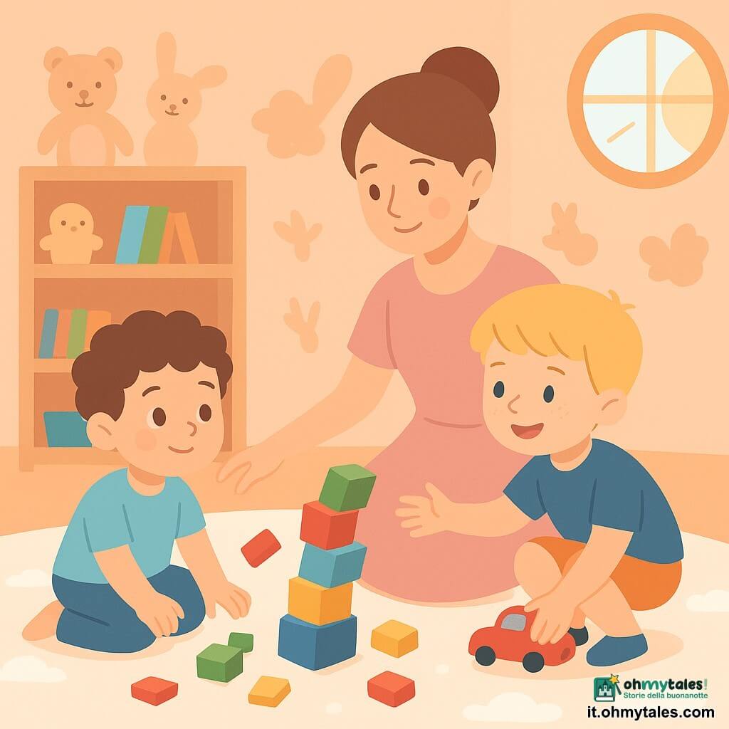 Ci sono tre personaggi: un bimbo di circa 3 anni, capelli castani corti e ricci, guance rotonde e sorriso timido, seduto a sinistra a raccogliere blocchi colorati e a guardare la torre caduta con occhi curiosi; un altro bimbo di circa 3 anni, capelli biondi lisci, occhi azzurri chiari e lentiggini, con una macchinina rossa, accovacciato a destra che porge la mano all'altro sorridendo; una donna adulta (la mamma) di circa 30 anni, pelle chiara e capelli castano raccolti in uno chignon, vestito pastello, seduta dietro ai bambini con espressione dolce e una mano sulla spalla del bambino castano. Ambientazione: cameretta luminosa con tappeto soffice a nuvole, pareti pesca con disegni di animali, una mensola in legno chiaro con giocattoli e libri e una finestra rotonda che lascia entrare un raggio di sole caldo che illumina i blocchi multicolori sparsi. Situazione principale: al centro del tappeto una torre di blocchi multicolori rovesciata, alcuni blocchi in caduta per effetto di movimento; i bambini ridono piano e si guardano, atmosfera dolce e rassicurante con espressioni di sorpresa che si trasformano in curiosità e conforto.