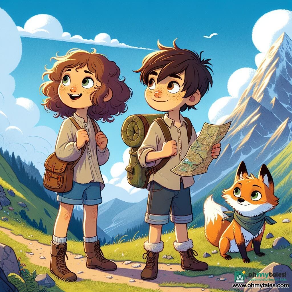 A 12-year-old girl, Lark, with curly brown hair, sparkling curious eyes, and a wide smile, stands on a mountain path, gazing in awe at a vast blue sky dotted with white clouds. She wears a light tunic and denim shorts, with a small backpack filled with adventure treasures. Beside her, Toma, a 12-year-old boy with messy brown hair and freckles, holds an old map, focused and leaning towards Lark. A small orange fox named Ink, wearing a light fabric scarf around its neck, weaves between their feet, eyes shining with excitement. The backdrop features a majestic mountain with lush slopes and steep rocks, all bathed in the golden light of the setting sun. In the background, the mountain peak reveals the Skybell, a huge shimmering bronze bell surrounded by clouds. The main scene shows Lark and Toma, determined and enthusiastic, ready to climb the path to reach the legendary bell, while Ink the fox encourages them with a joyful little cry.