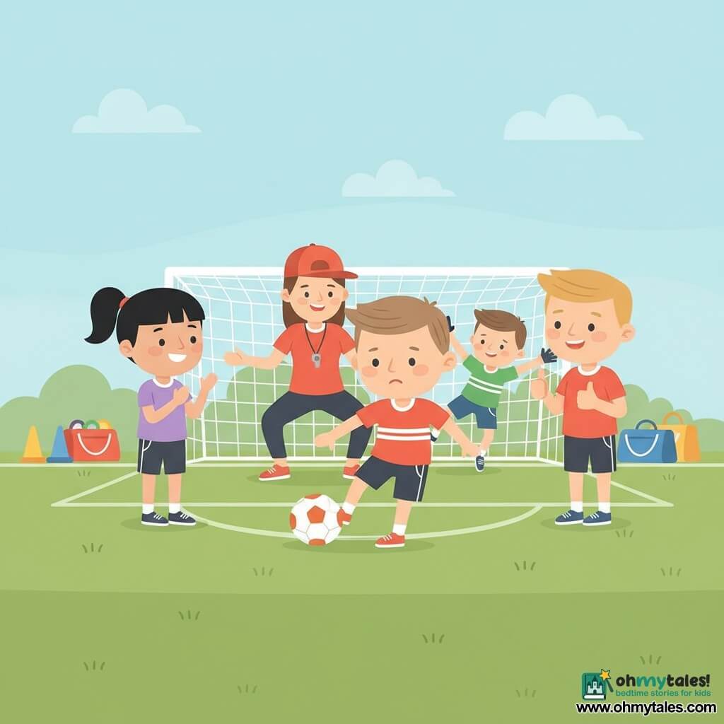 Six-year-old Leo, round-faced with short light-brown hair, leans forward concentrating and nervously taps a white-and-orange soccer ball on the grass; seven-year-old Hana, black hair in a ponytail, stands left clapping encouragingly; seven-year-old Miles, blond and mischievous but kind, stands right giving a thumbs-up; Coach Mina, about 30, in a red cap with a whistle, crouches behind Leo with open hands and an encouraging look; an eight-year-old goalkeeper in green dives to stop the ball; textured green turf, white lines, a white goal, colorful cones and equipment bags near the line, and a soft late-afternoon light under a pale blue sky with a few clouds convey a calm, supportive moment at the instant of foot-to-ball contact.