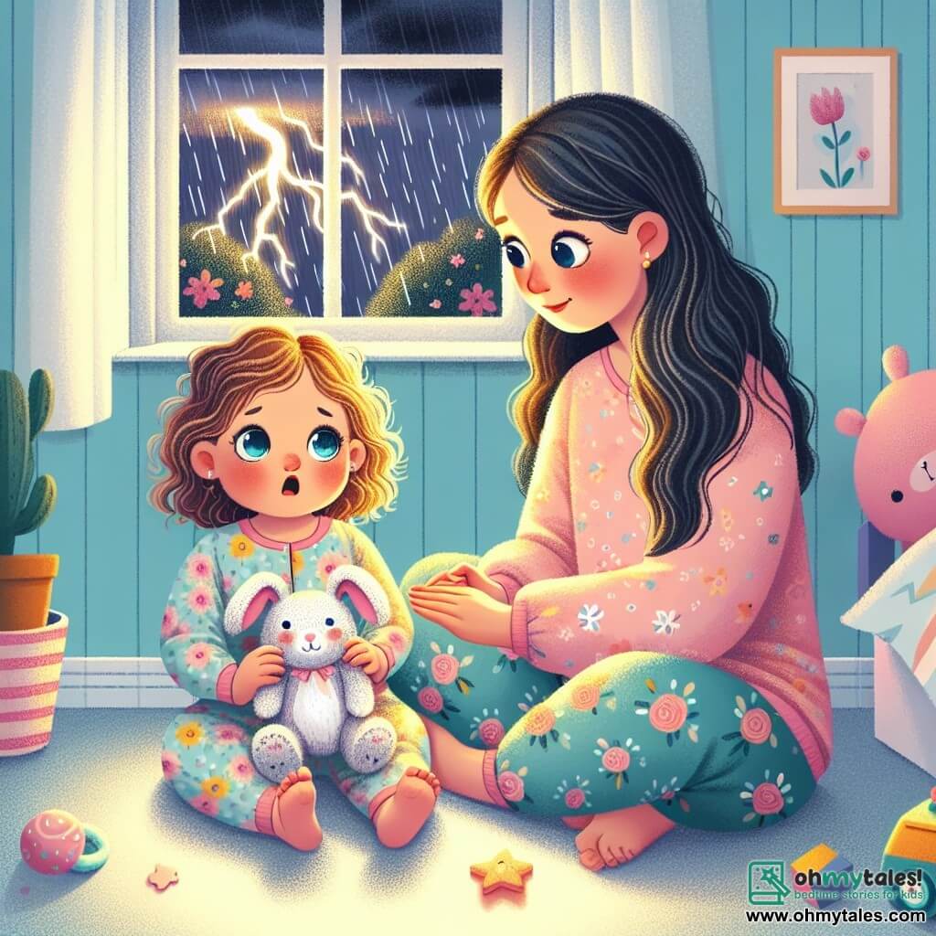 A 2-year-old girl with big bright eyes and curly hair is sitting on the floor, a bit scared but curious, playing with her little hands. She is wearing a colorful floral-patterned pajama and holding a bunny-shaped stuffed animal close to her. Next to her, her mother, a gentle woman in her 30s with long straight hair, is looking at her with a reassuring smile, sitting on a fluffy cushion. The scene takes place in a cozy room with pastel blue walls and toys scattered on the carpet. A window shows pouring rain outside, with lightning illuminating the dark sky. The main situation shows the little girl, a bit nervous due to the thunder, but feeling comforted by her mother who is playing hand clapping games with her in rhythm with the thunder, turning her fear into a fun game.
