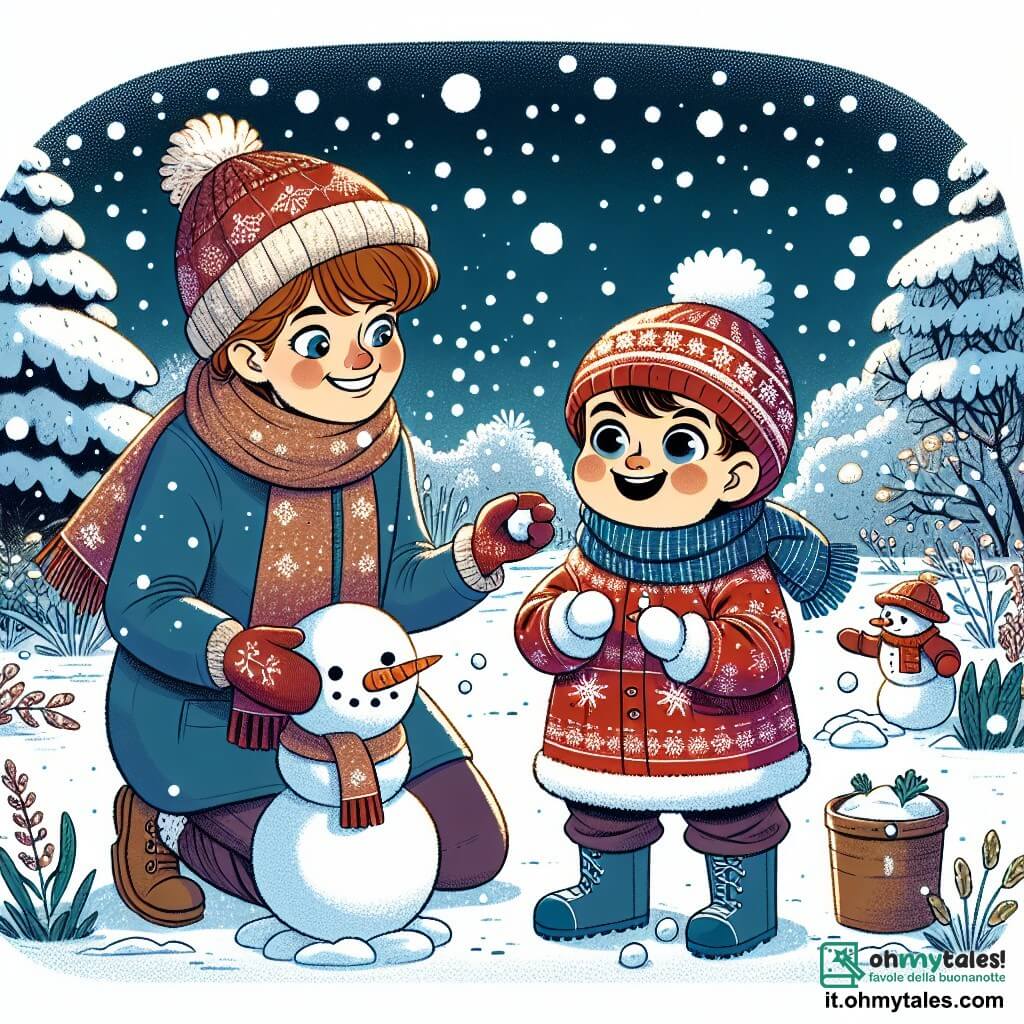 Un bambino di un anno, con capelli castani e guance rosa, ride gioiosamente in un giardino innevato. Indossa una tuta rossa con motivi di fiocchi di neve e stivali blu. I suoi occhi brillano di eccitazione mentre rotola una palla di neve. La mamma, una donna di circa 30 anni con capelli castani e un sorriso caloroso, è accanto a lui. Indossa un cappotto blu e un berretto di lana. Lo incoraggia con uno sguardo affettuoso, tenendo una carota in mano per il naso del futuro pupazzo di neve. Il giardino è coperto da uno spesso strato di neve scintillante, con alberi i cui rami sono carichi di fiocchi. Il cielo è blu chiaro, punteggiato di nuvole bianche e soffici. La scena mostra il bambino e la mamma mentre costruiscono un pupazzo di neve, con risate e un'atmosfera di gioia invernale.