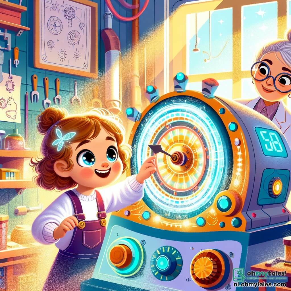 Een klein meisje van 4 jaar, Luna, met grote glanzende ogen en lichtbruin krullend haar, staat voor een grote tijdmachine. Ze heeft een verwonderde glimlach en haar armen zijn omhoog, alsof ze klaar is om op te stijgen. Naast haar staat haar moeder, een vrouw van rond de dertig met ronde brillen en haar in een knot, die met een amusante en beschermende blik toekijkt terwijl ze een onderdeel van de machine aanpast. De scène speelt zich af in een heldere garage, vol kleurrijke gereedschappen en tekeningen van machines aan de muren. Stralen zonlicht filteren door een raam en verlichten het stof in de lucht. Luna heeft net op een groene knop van de machine gedrukt, en felle lichten flitsen om haar heen. Er zijn draaiende tandwielen en fonkelende vonken te zien, wat een magische en opwindende sfeer creëert.
