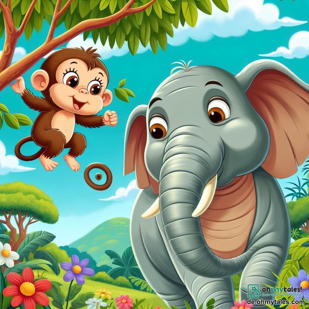 Ein kleiner Affe namens Max, mit braunem Fell und neugierigen, funkelnden Augen, hängt an einem Ast und lächelt fröhlich, während er mit seinen Armen schwingt. Neben ihm steht ein weiser, alter Elefant mit grauer, faltiger Haut und großen Ohren, der Max wohlwollend ansieht und fest auf dem Boden steht, umgeben von bunten Blumen. Im Hintergrund erstreckt sich das grüne Dach des Dschungels, gefüllt mit großen Bäumen mit üppigem Laub und strahlenden Blumen unter einem hellblauen Himmel. Die Szene zeigt Max und den Elefanten, die einen Moment der Verbundenheit teilen und die Bedeutung von Freundschaft in ihrem Abenteuer in der Natur illustrieren.