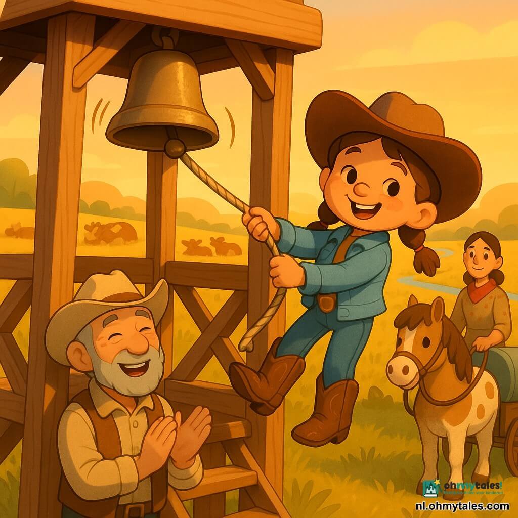 Het hoofdpersonage is een vrolijke cowgirl met rond gezicht, bruine twee vlechten en een scheve bruine hoed, die stevig aan een touw in een houten toren trekt om een grote metalen klok te luiden; oom Ben, met gerimpeld maar warm gezicht en lichte cowboyhoed, staat beneden klappend en glimlachend, Rosa met rood sjaaltje en eenvoudige ranchjurk houdt de teugels van het kleine pony Ster (crème met bruine vlekken) bij een watertrolley, terwijl in de achtergrond koeien en kalfjes in een gouden grasweide bij zonsondergang liggen, een klein riviertje glinstert en zonnestralen de klokkering en de warme, geruststellende sfeer benadrukken.