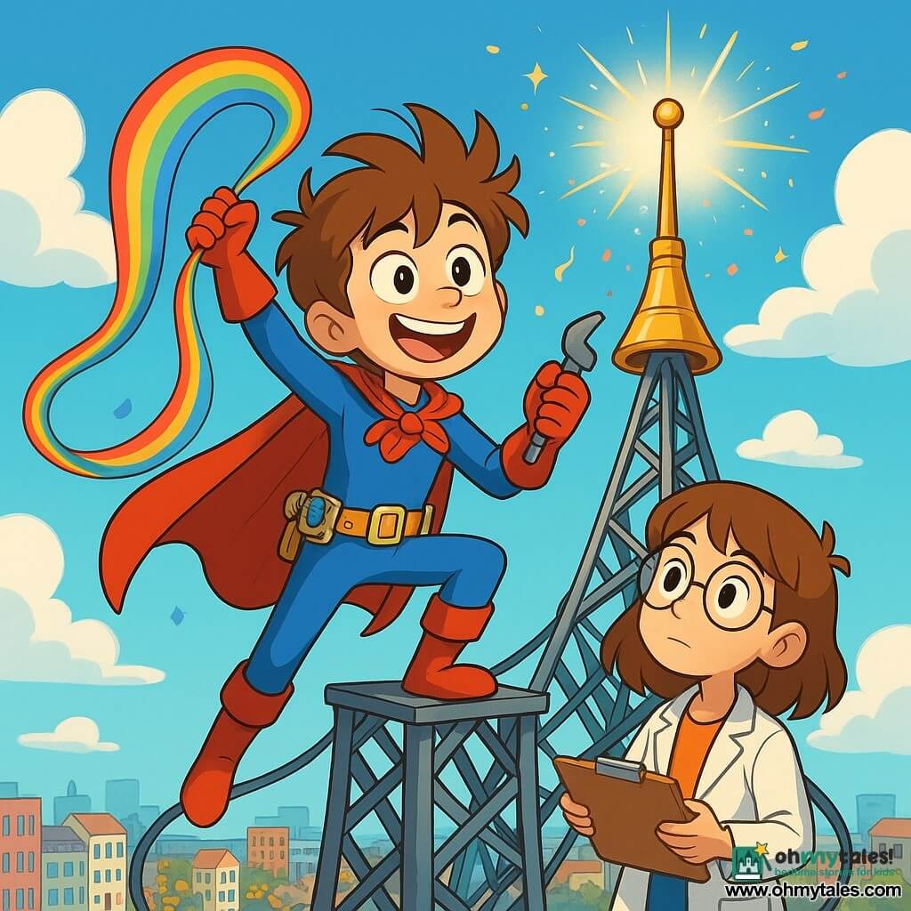 A young boy named Milo, with tousled hair and a mischievous grin, is perched atop a tower. He wears a red and blue superhero costume, complete with a tool belt full of fun gadgets. His eyes sparkle with excitement and determination as he holds a rainbow ribbon in one hand and a tool in the other, ready to solve a problem. Beside him, Juno, a 10-year-old girl with brown hair and round glasses, watches in admiration. Dressed in an inventor's lab coat and holding a clipboard, she notes down ideas with a focused look, standing slightly back, ready to assist. The scene is set in a tall metal tower, with tangled cables and a blue sky dotted with fluffy clouds. Below, the city of Pepperford bustles with colorful buildings and curious people. The main situation shows Milo negotiating with a giant antenna, which sparkles with lights, surrounded by small sparks and floating confetti. The antenna appears hesitant, both excited and shy, while Milo enthusiastically talks to it, ready to convince it to take on the role of the weather director.