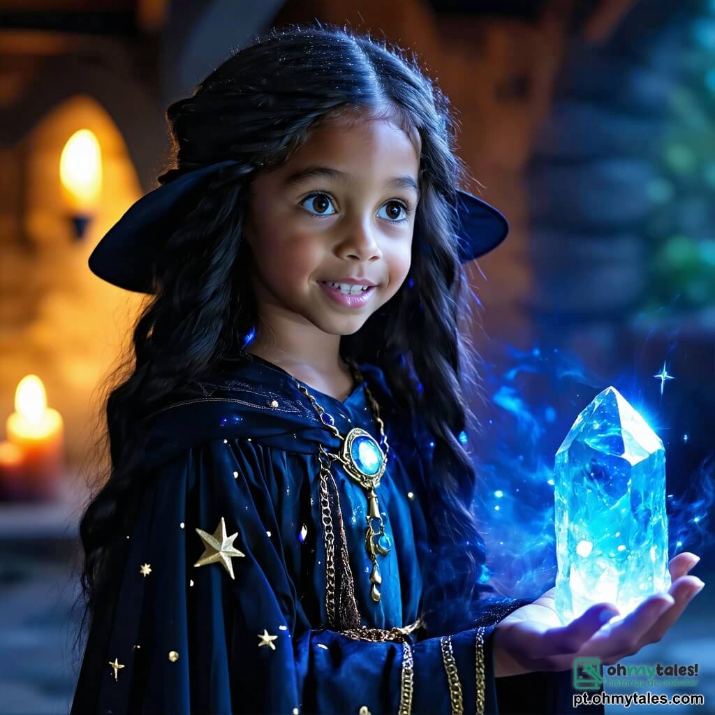 No centro da imagem, uma jovem bruxa chamada Luna, com cerca de 12 anos, está com um olhar determinado e maravilhado. Ela tem longos cabelos ondulados, de um negro profundo, e veste um vestido de bruxa decorado com padrões estrelados, com um amuleto dourado brilhante ao redor do pescoço. Em sua mão, ela segura um cristal azul cintilante, símbolo de sua busca. Ao seu lado, Eldrin, um homem de cerca de 60 anos, o Guardião da Escola Sombria, se apresenta com uma postura majestosa. Ele tem uma longa barba prateada e olhos penetrantes, vestido com uma robe escura ricamente decorada. Ele observa Luna com orgulho, pronto para apoiá-la em sua missão. Atrás deles, Arwen, uma mulher de cerca de 50 anos, a Guardiã da Escola da Luz, está com um sorriso benevolente. Ela tem cabelos dourados que caem em cachos e usa um vestido radiante, iluminado por padrões luminosos. Ela levanta a mão, como se estivesse incentivando Luna a avançar. A cena ocorre em uma clareira encantada, cercada por árvores majestosas com folhas cintilantes, sob um céu estrelado onde a lua ilumina o chão com sua luz prateada. Vaga-lumes dançam ao redor, adicionando um toque de magia à atmosfera. Luna, com seu amuleto brilhante, se prepara para unir as duas escolas de magia, enquanto Eldrin e Arwen estão ao seu lado, simbolizando a aliança entre luz e sombra.