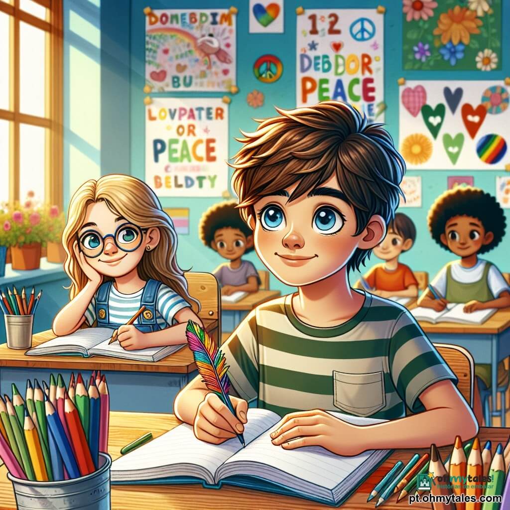 Um garoto de 12 anos, com cabelos castanhos bagunçados e olhos curiosos, está sentado a uma mesa de madeira, com seu caderno azul aberto à sua frente. Seu rosto expressa concentração e um leve sorriso, enquanto escreve com uma caneta colorida, cercado por lápis de todas as cores. Ao lado dele, uma menina de 11 anos, com cabelos longos e loiros, observa atentamente, segurando um marcador na mão, pronta para desenhar. Ela usa uma camiseta listrada e óculos, e seu rosto demonstra entusiasmo. O local é uma sala de aula iluminada, com paredes decoradas com desenhos de crianças e janelas que deixam entrar a luz do sol, iluminando cartazes sobre paz e solidariedade. No quadro negro, palavras como "diálogo" e "amizade" estão escritas em grandes letras coloridas. A situação principal mostra o garoto e a menina colaborando para criar um projeto sobre a paz, cercados por colegas que os escutam com atenção, todos unidos em um momento de criatividade alegre e aprendizado.