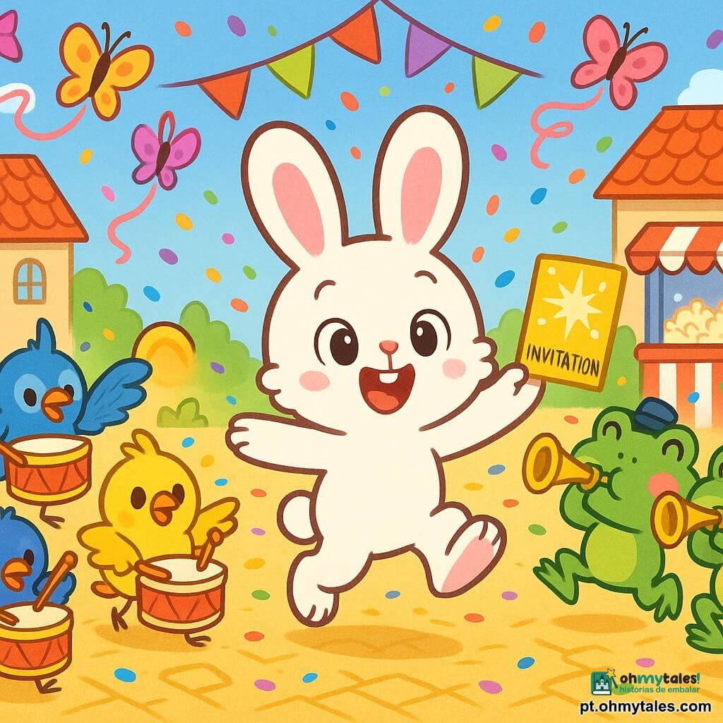 Um coelhinho branco chamado Pompom, com grandes orelhas cor-de-rosa e olhos redondos brilhantes, sorri e salta nas pontas das patas segurando um convite brilhante; à esquerda, um grupo de passarinhos coloridos (azul, amarelo e vermelho) toca pequenos tambores, à direita duas rãs verdes de bochechas grandes e chapéus minúsculos sopram trombetinhas; borboletas multicoloridas voam acima com fitas rosas e laranja, a praça da vila tem calçadas amarelas, bandeirolas vermelhas, verdes e roxas, barracas de pipoca e confetes; cena de carnaval alegre com Pompom no centro da parada cercado por amigos músicos, guirlandas flutuantes e chuva de confetes, cores vivas e contrastantes, contornos suaves, expressões exageradas e amigáveis, composição clara para uma criança de 4 anos.