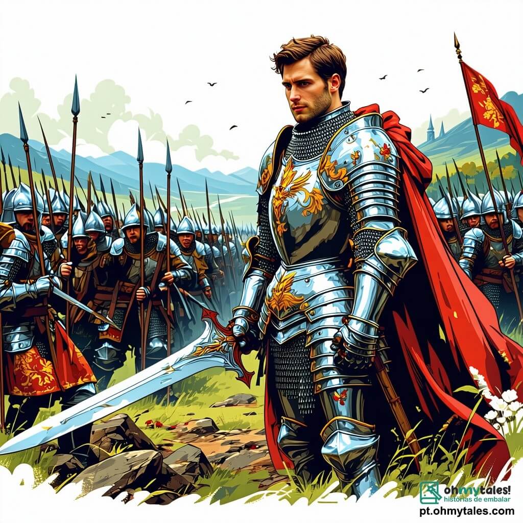 No centro da imagem, Sir Alaric, um cavaleiro corajoso, se ergue orgulhosamente em um campo de batalha. Ele é um homem de cerca de trinta anos, com uma armadura brilhante decorada com motivos de flores e dragões, e um rosto determinado, marcado por cicatrizes de suas muitas batalhas. Seu olhar é intenso, cheio de bravura e paixão, enquanto empunha sua espada, pronto para defender seu reino. Ao seu lado, o Rei Edric, um homem de cerca de cinquenta anos, com uma longa barba grisalha e olhos sábios, observa a cena com uma expressão de preocupação misturada com esperança. Ele veste uma túnica real ricamente decorada e segura um cetro na mão, mantendo-se ligeiramente atrás, mas pronto para apoiar seu cavaleiro. Ao fundo, o campo de batalha está repleto de bandeiras flutuantes em cores vivas, enquanto silhuetas de soldados lutam ao longe, criando uma atmosfera de tensão e bravura. O céu está nublado, tingido de tons de cinza e laranja, adicionando um toque dramático à cena. A situação principal mostra Sir Alaric enfrentando o temível Lorde Malakar, um homem imponente com uma armadura escura e olhos penetrantes, que avança em sua direção com uma expressão de desafio. Os dois cavaleiros estão prestes a se engajar em um duelo épico, simbolizando a luta entre o bem e o mal.