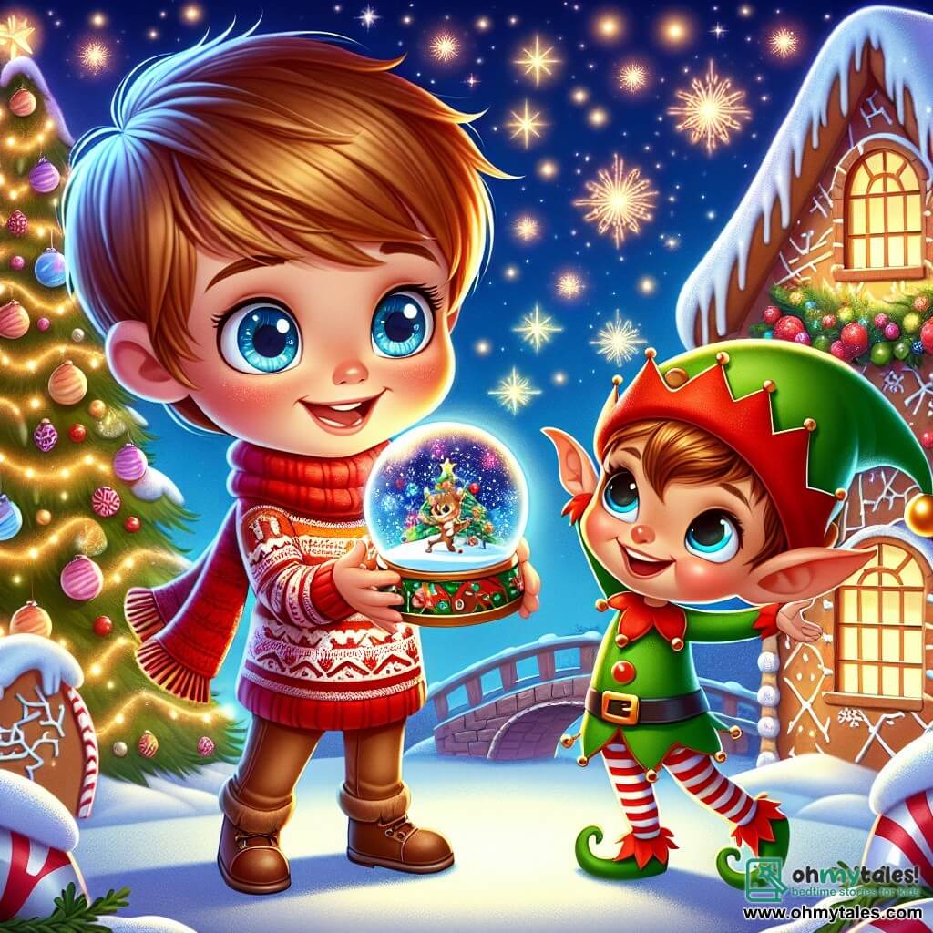A 5-year-old boy named Oliver, with rosy cheeks and sparkling blue eyes, stands at the center of the image, smiling in wonder. He wears a red sweater with a reindeer pattern and a colorful wool scarf, holding a glittering snow globe in his small hands. Next to him, an elf named Jingle, with pointed ears and a bright green hat, joyfully dances, his eyes sparkling with mischief. He wears a red and green costume, with bells jingling with every move. In the background, a large Christmas tree decorated with lights and colorful ornaments brightens the scene, surrounded by gingerbread houses with snowy roofs, creating a festive and warm atmosphere. The main scene shows Oliver and Jingle celebrating the discovery of the magical globe, surrounded by gently falling snowflakes, while twinkling stars light up the night sky, filling the air with Christmas magic and joy.
