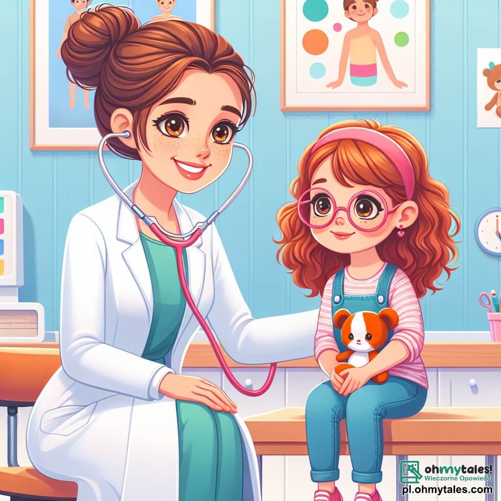 Pani Doktor Liliana, uśmiechnięta i serdeczna lekarka z brązowymi włosami związanymi w kok, nosi nieskazitelną białą fartuch. Ma błyszczące oczy pełne życzliwości i trzyma w rękach stetoskop, uważnie patrząc na małą dziewczynkę. Gabrysia, ośmioletnia dziewczynka z pięknymi rudymi lokami i różowymi okularami, siedzi na krześle, nieco zdenerwowana, ale uśmiechnięta, trzymając w ramionach pluszaka. Sceneria znajduje się w jasnym gabinecie lekarskim z pastelowoniebieskimi ścianami, kolorowymi plakatami zdrowia i dużym drewnianym biurkiem z narzędziami medycznymi. Główna sytuacja przedstawia Lilianę badającą Gabrysię, prosząc ją o głębokie oddychanie, podczas gdy dziewczynka stara się zrelaksować, otoczona zabawkami i rysunkami na ścianie.