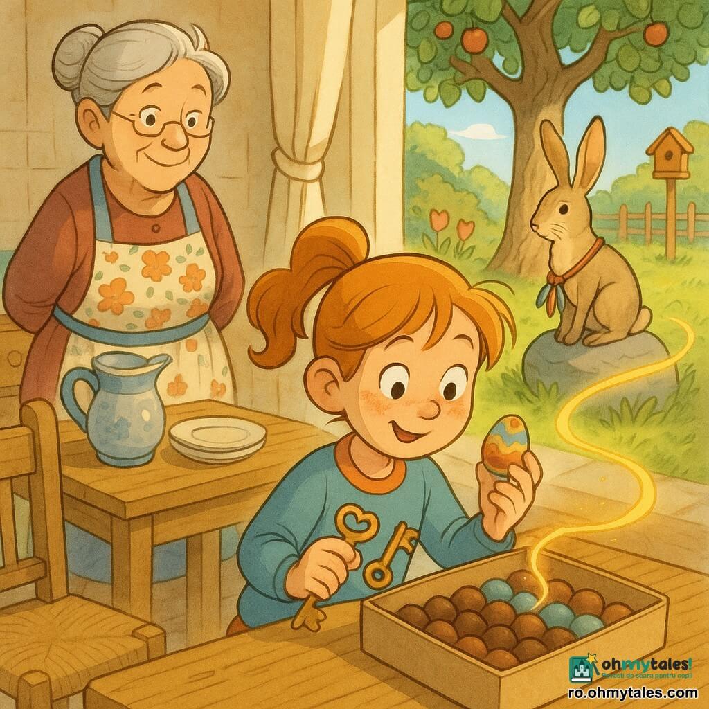 O fetiță de 8 ani, față rotundă și coadă de cal, ține un ou mic din lemn pictat și o cheie de lemn, cealaltă mână atingând o cutie deschisă cu bomboane aranjate pe culori; în fundal, o bunică de circa 70 de ani cu păr gri la coc și șorț cu flori zâmbește lângă o masă de bucătărie; un iepure mic real, blană bej, cu o sacoche și o ghirlandă subțire de panglici la încheietură stă pe o piatră lângă un măr și privește complice spre fetiță; locul e o bucătărie de țară luminoasă deschisă spre o grădină de legume cu iarbă verde, lalele și o căsuță pentru păsări; din cutia cu bomboane pornește un fir subțire de lumină aurie care șerpuiește spre grădină, fetița e pe punctul să-l urmeze după ce găsește cheia și oul — atmosferă blândă, culori pastel, texturi vizibile, compoziție centrată, un unghi trei sferturi ușor de sus.