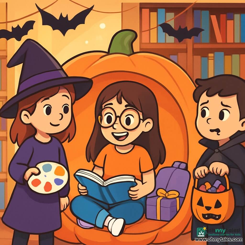 A 10-year-old girl, Mila, with long brown hair and round glasses, is sitting in a pumpkin-shaped reading nook, her face lit up by a delighted smile. She holds an open book on her lap, her eyes sparkling with curiosity and excitement. Next to her, a 9-year-old girl in a witch costume, wearing a black pointed hat and a purple dress, looks at Mila with a friendly smile, holding a colorful paint palette. A 10-year-old boy dressed as a vampire with a black cape and pointed teeth stands a bit further away, holding an orange bucket filled with candy, looking worried. The setting is a cozy library, with tall shelves filled with colorful book covers, bat decorations hanging from the ceiling, and soft lights creating a magical atmosphere. The main scene shows Mila discovering a small mysterious gift, a purple box hidden under a pumpkin-shaped cushion, while the other children joyfully sing around her, creating a festive and enchanted atmosphere.